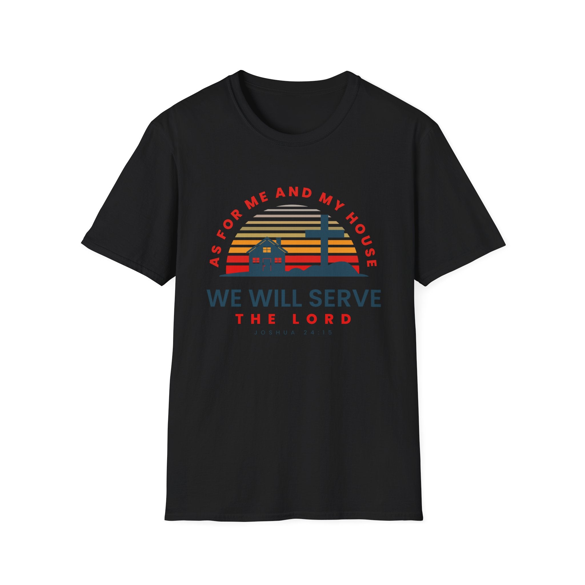 Unisex softstyle T-shirt with faith-based quote "As for me and my house we will serve the Lord" printed on front, by Printify.