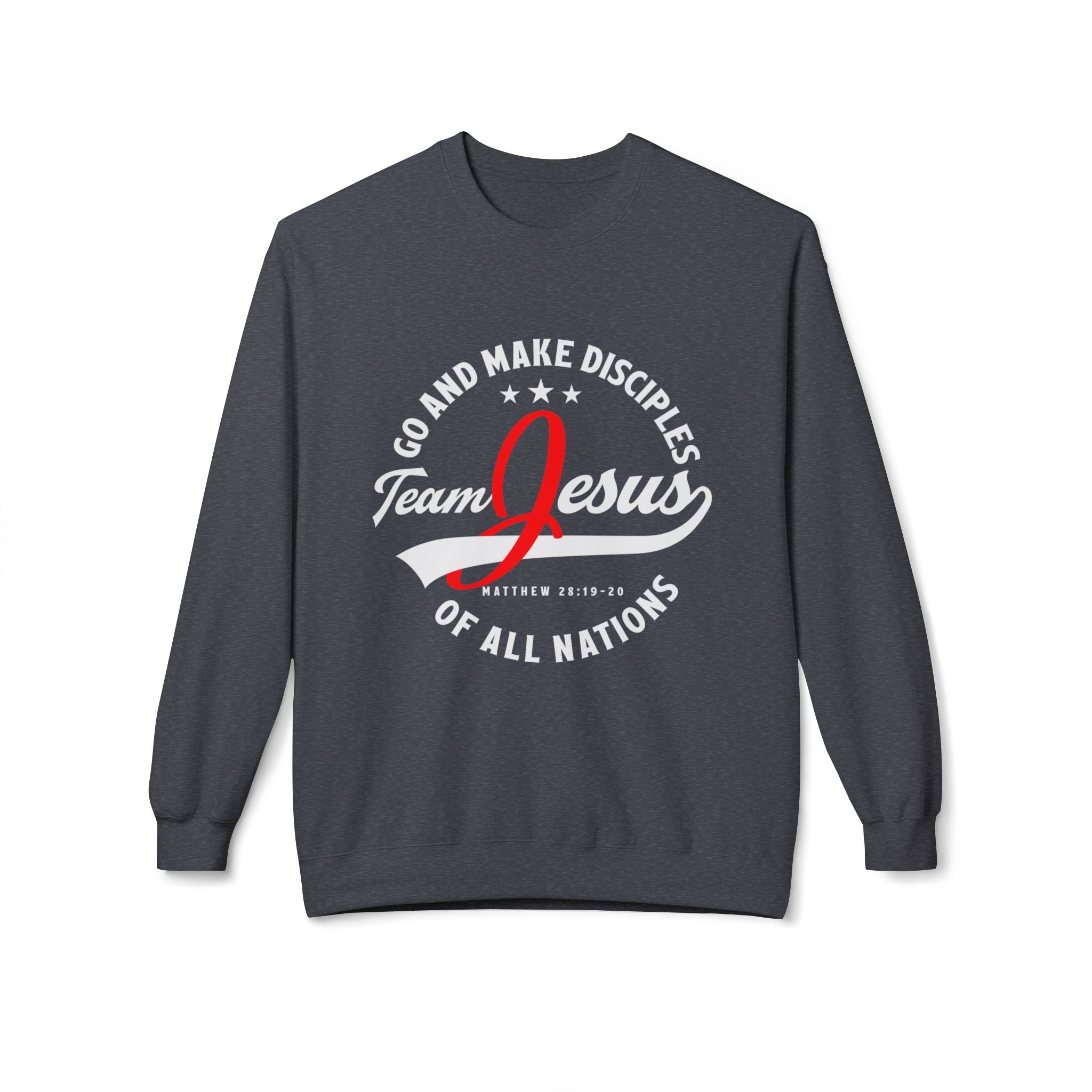 Unisex midweight softstyle fleece crewneck sweatshirt with "Team Jesus" text, in black, featuring a comfortable fit and casual style.