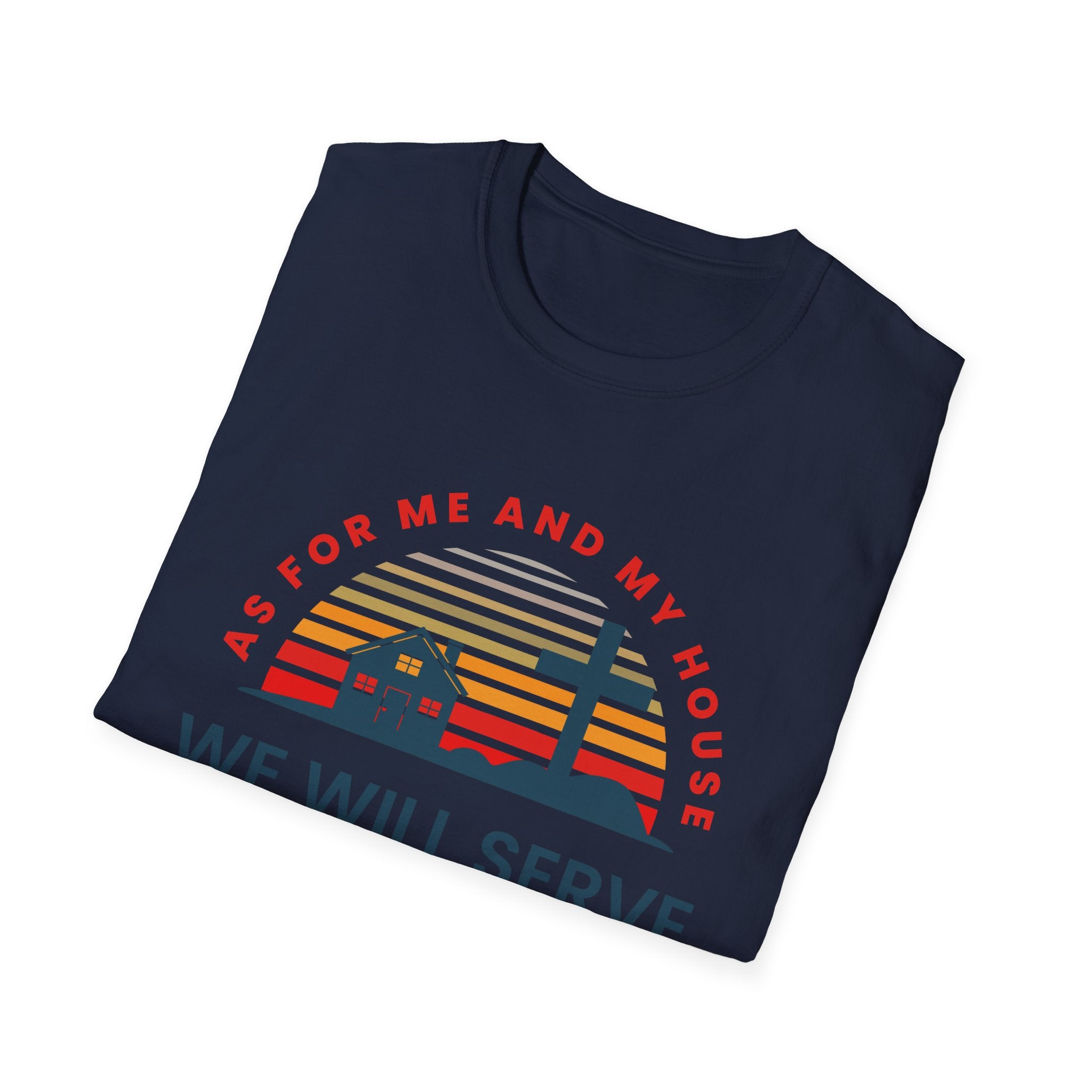 Unisex softstyle T-shirt with biblical quote "As for Me and My House We Will Serve the Lord" printed on front, by Printify.
