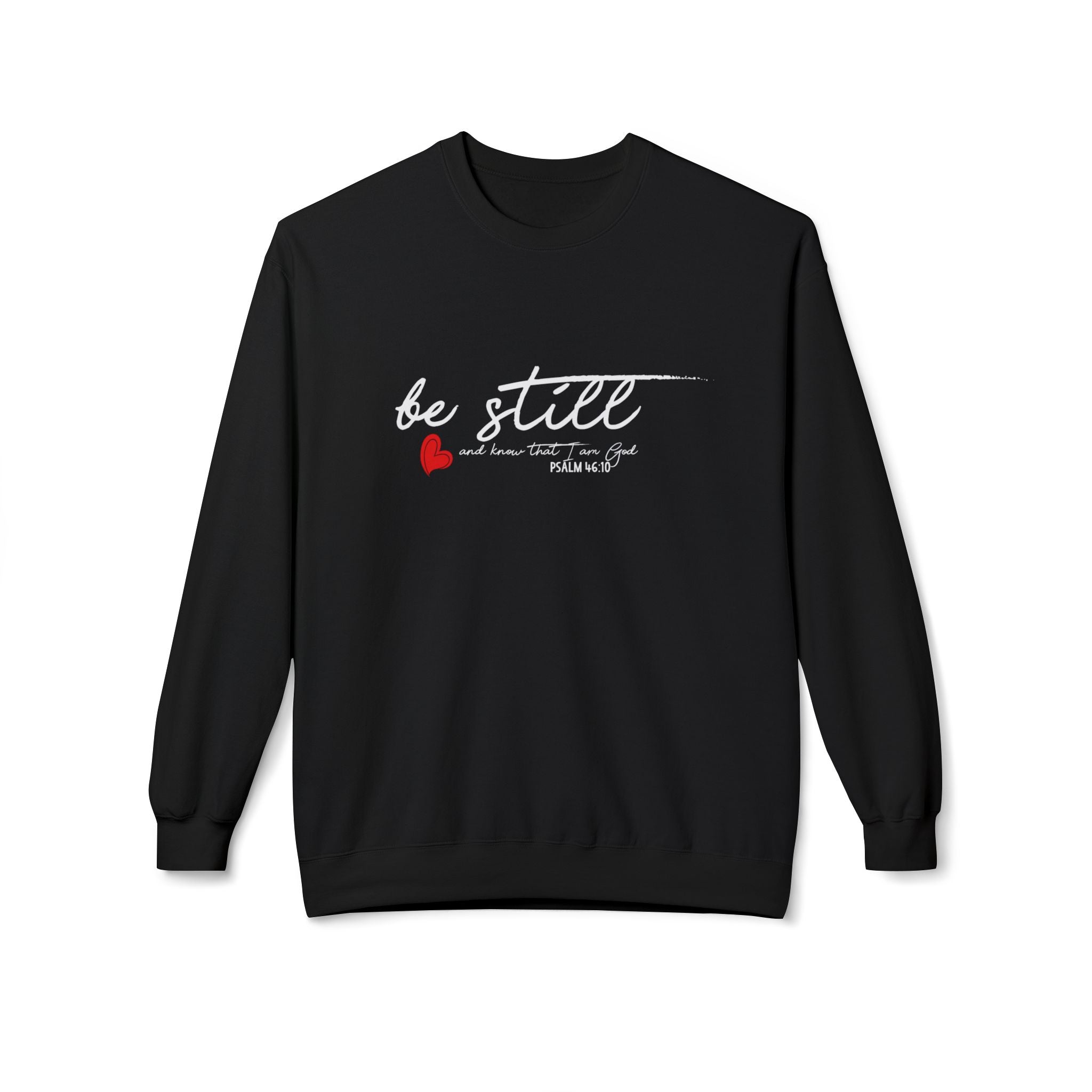 Unisex midweight softstyle fleece crewneck sweatshirt with "Be Still" print, featuring a comfortable fit and casual style.