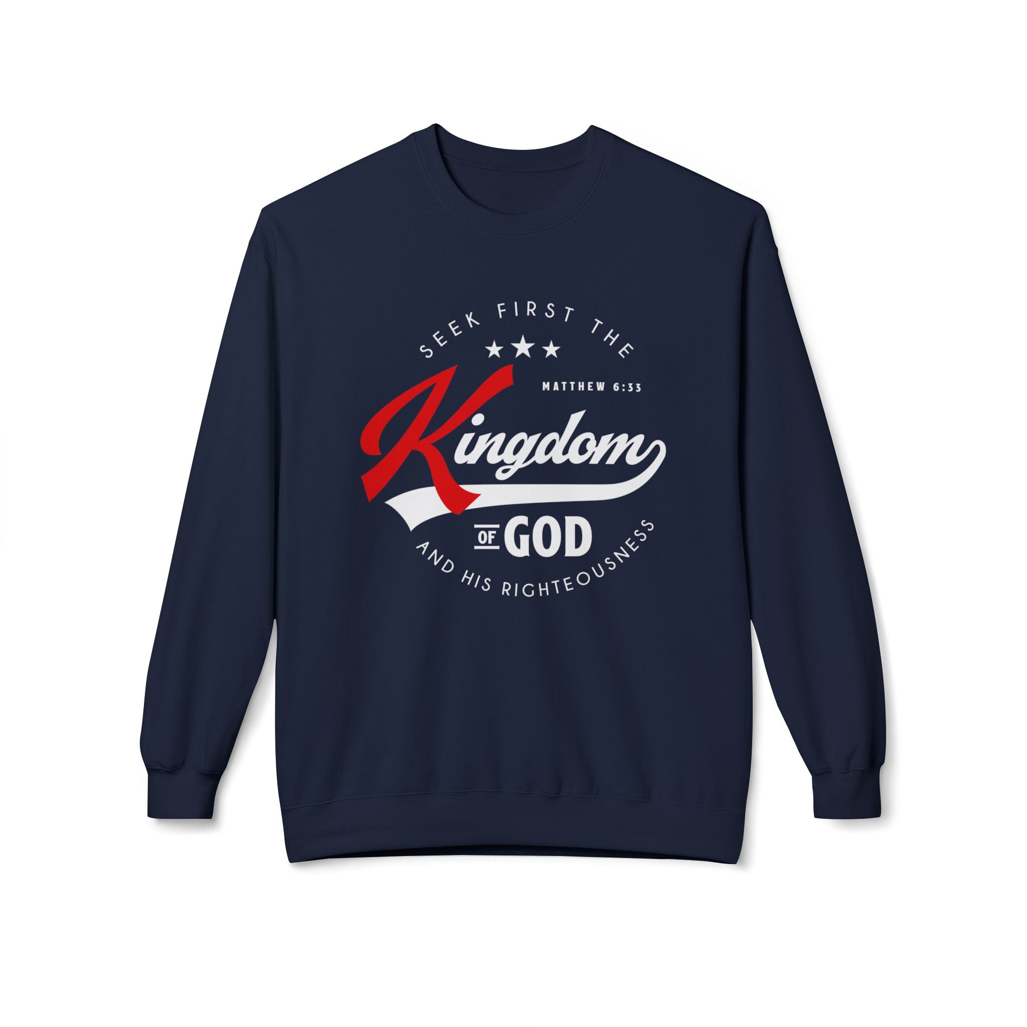 Unisex midweight softstyle fleece crewneck sweatshirt with "Seek First the Kingdom of God" printed design, by Printify.