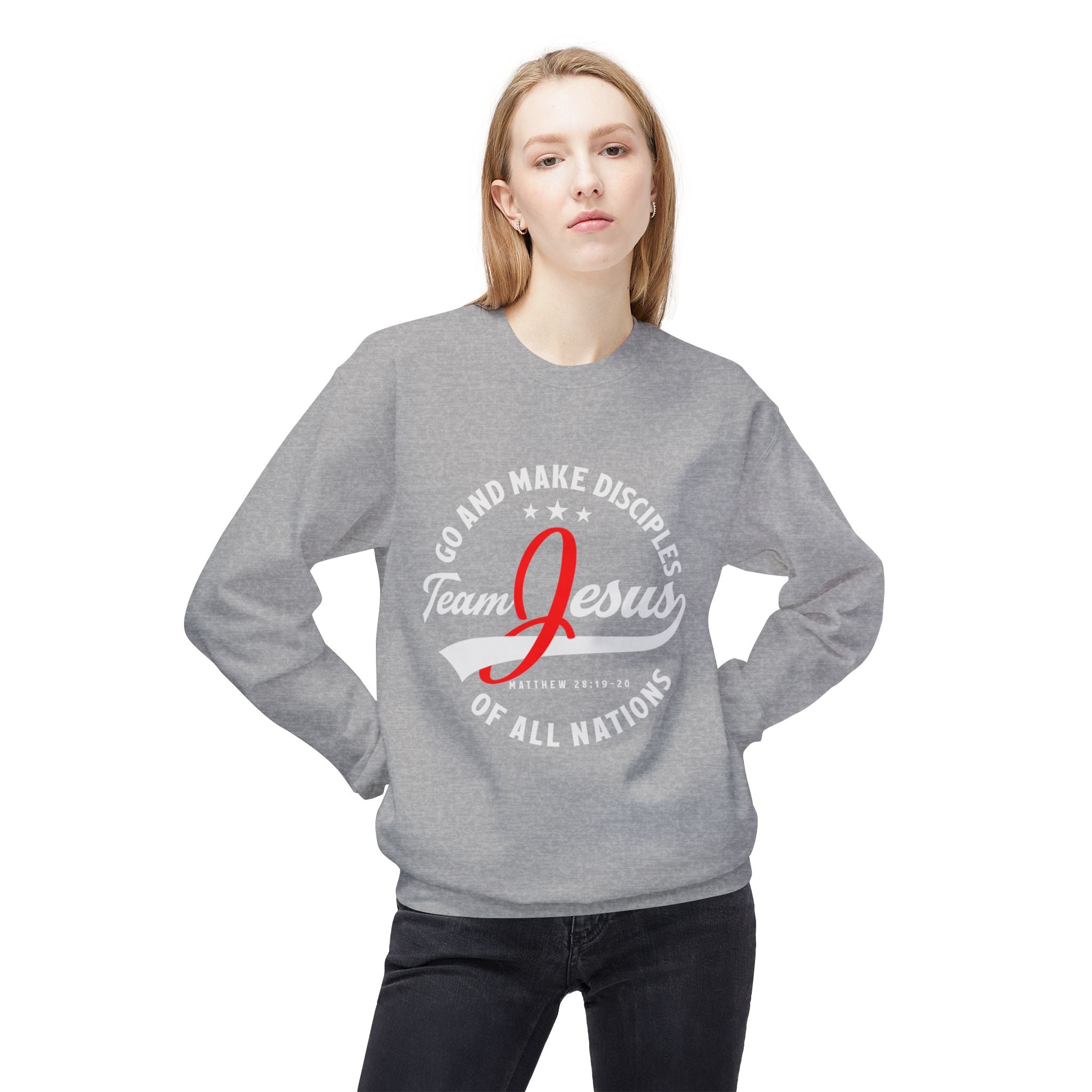 Unisex midweight softstyle fleece crewneck sweatshirt with "Team Jesus" print, comfortable casual wear by Printify.