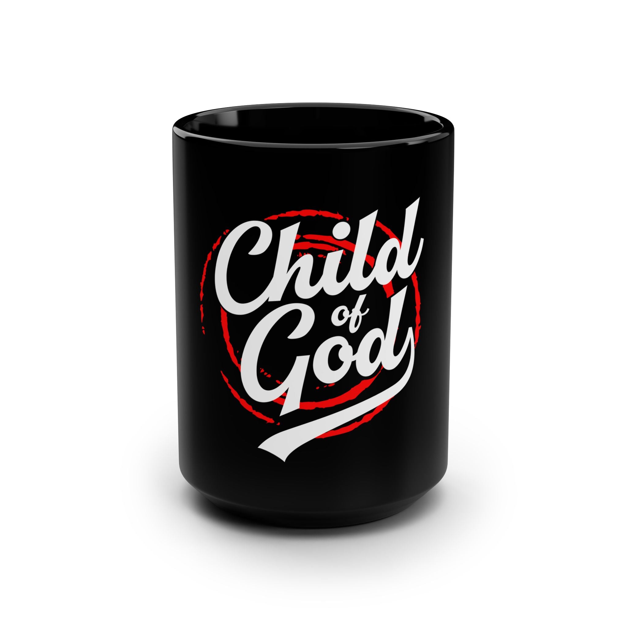 Black 15oz Mug featuring "Child of God" text, made by Printify, with a glossy finish and sturdy handle.