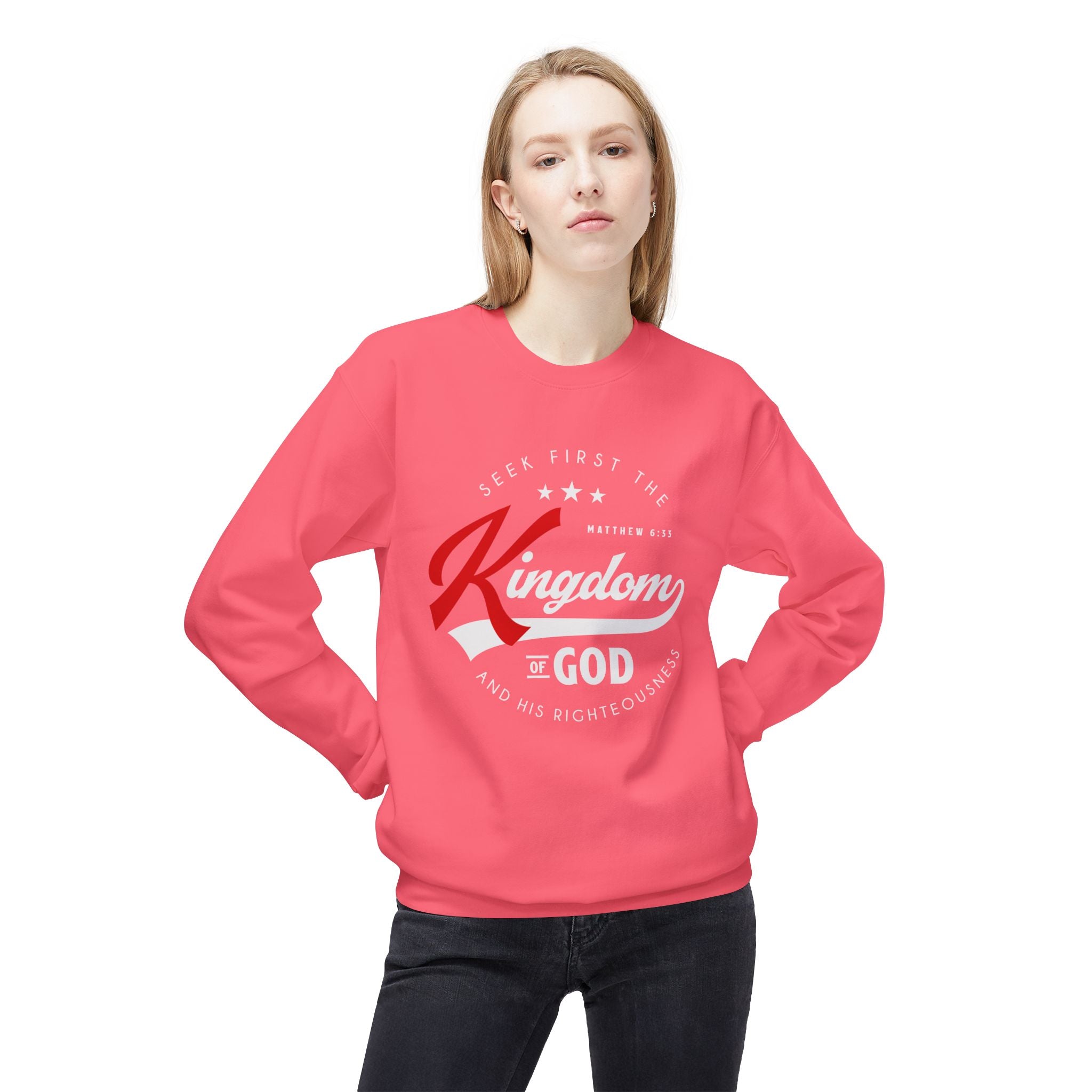 Unisex midweight softstyle fleece crewneck sweatshirt with "Seek First the Kingdom of God" print, by Printify.