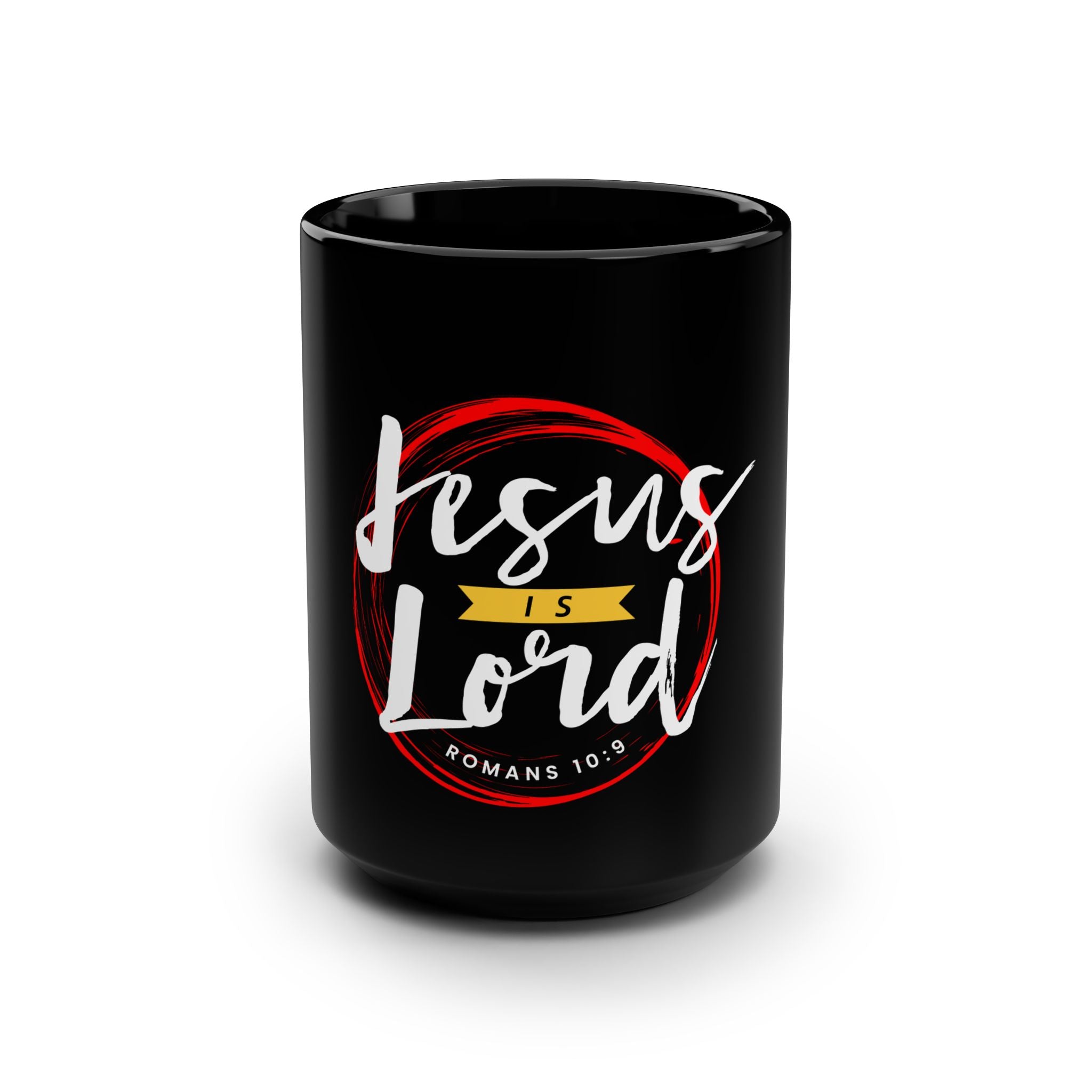 Black 15oz Jesus is Lord mug by Printify featuring bold text and a classic ceramic design.