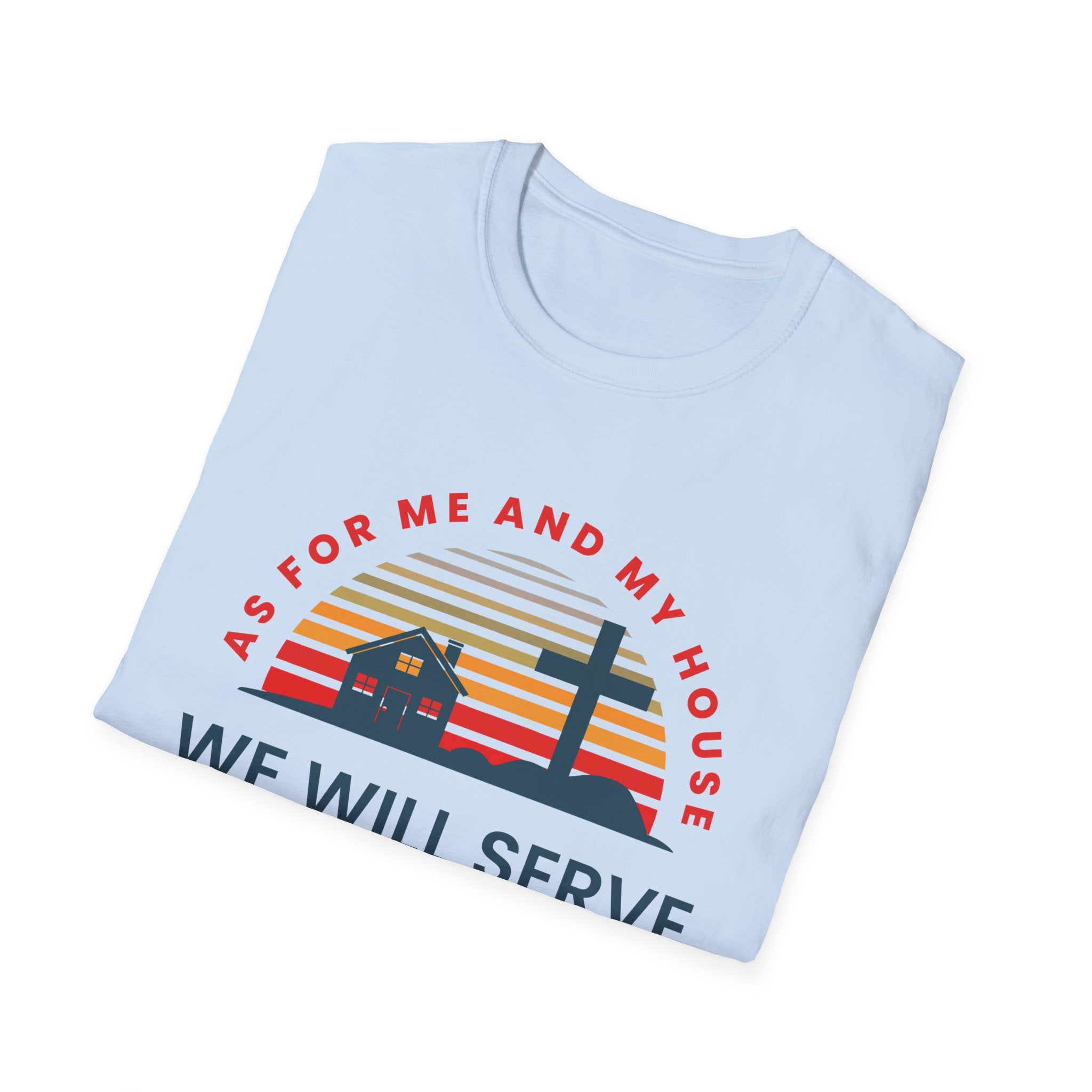 Unisex softstyle T-shirt with biblical quote "As for Me and My House We Will Serve the Lord" printed on front, by Printify.