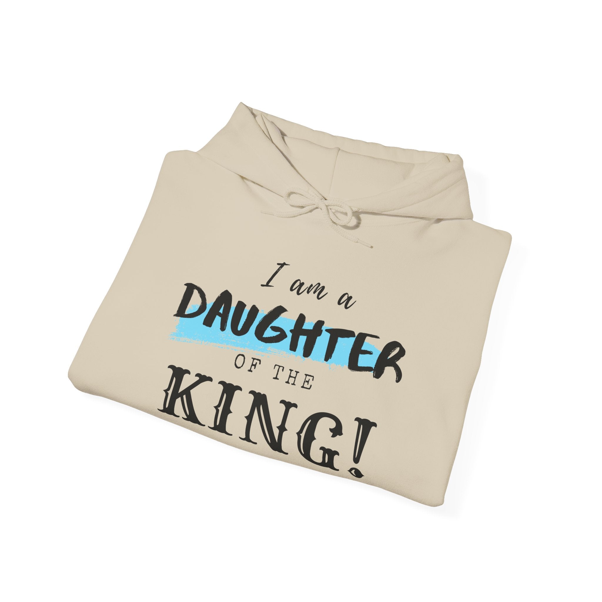 Unisex Heavy Blend hoodie with "I Am a Daughter of the King" print, featuring a front pocket and hood in a casual sweatshirt style.