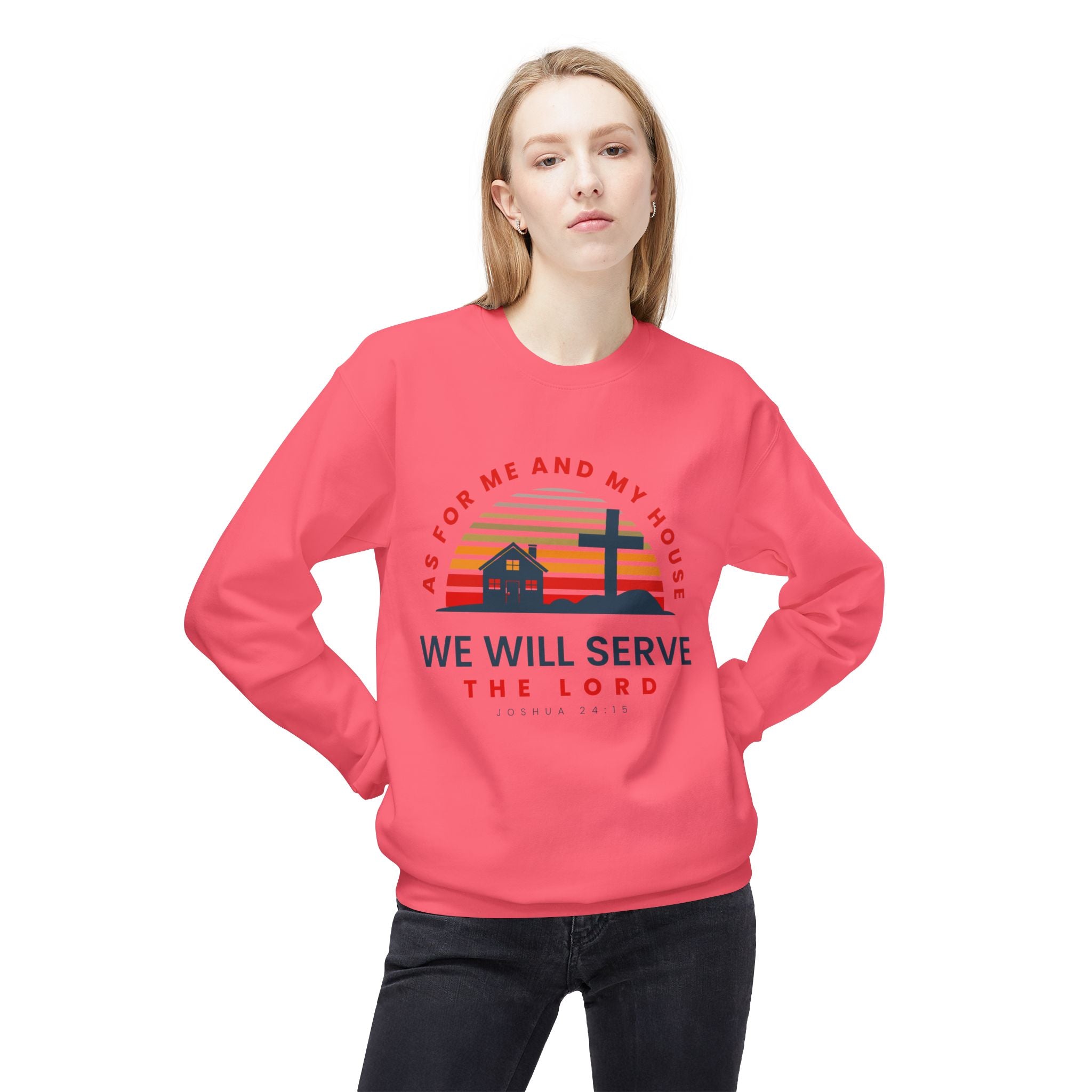 Unisex midweight softstyle fleece crewneck sweatshirt with Christian quote "As for Me and My House We Will Serve the Lord" by Printify.