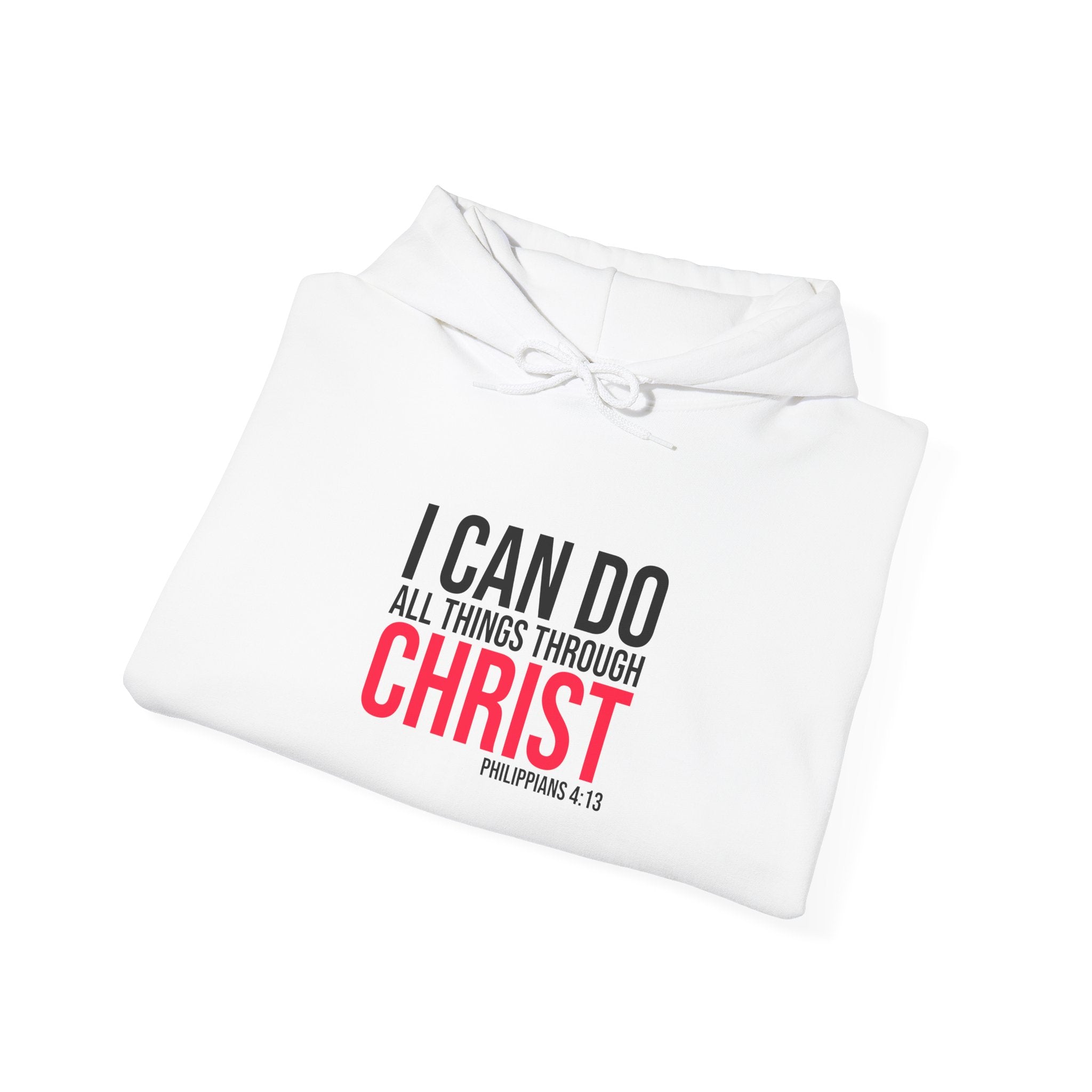 Unisex Heavy Blend hoodie by Printify with inspirational "I Can Do All Things Through Christ" text, shown on a model.