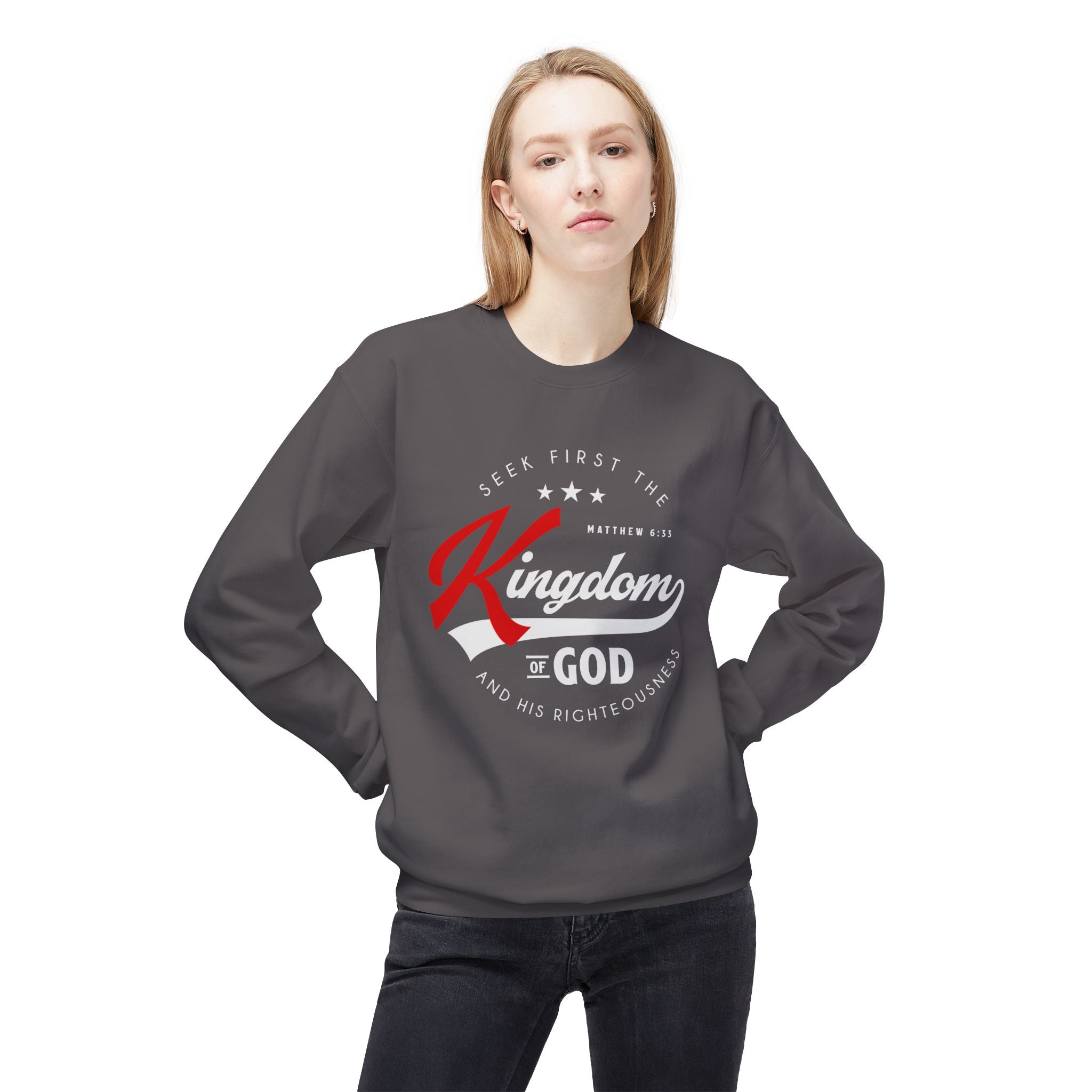 Unisex midweight softstyle fleece crewneck sweatshirt with "Seek First the Kingdom of God" print, by Printify.