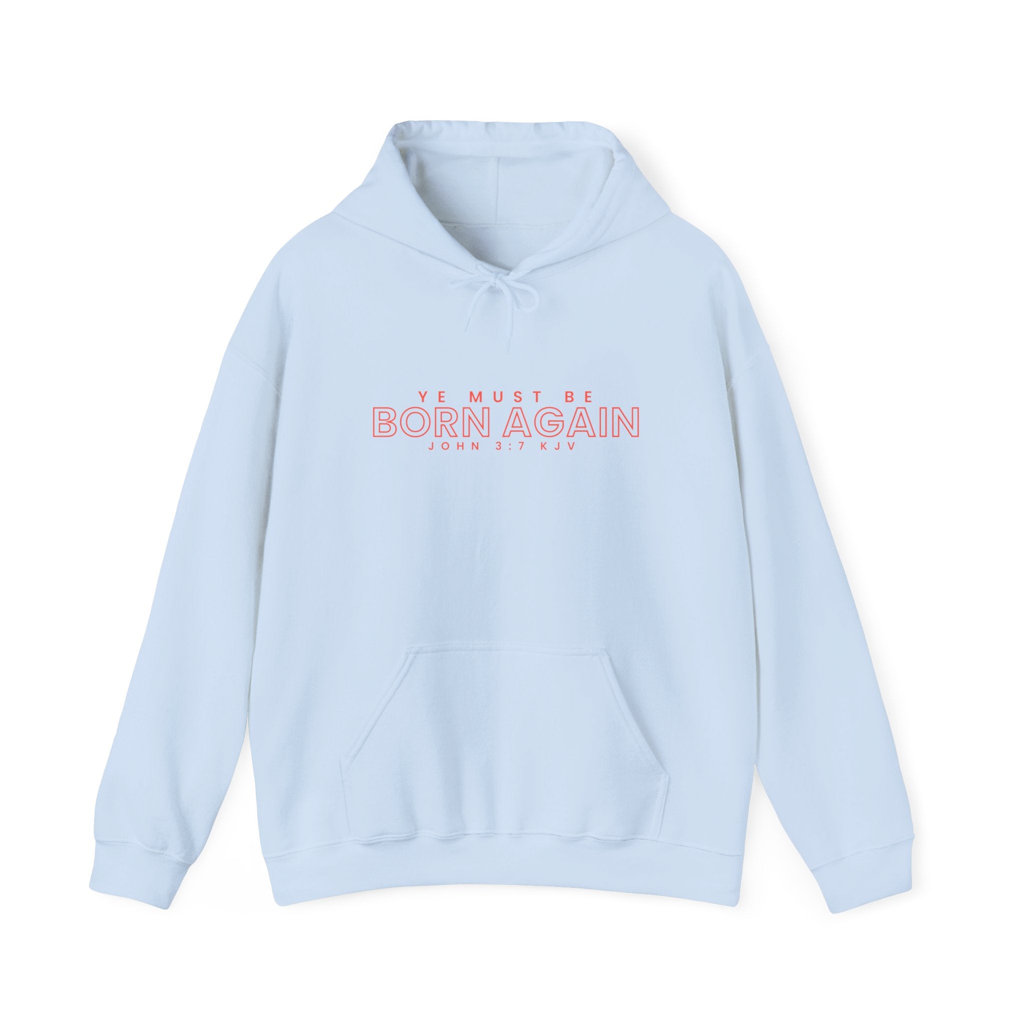 Unisex Heavy Blend hoodie with "Ye Must Be Born Again" print, featuring a hood, front pocket, and comfortable fit from Printify.