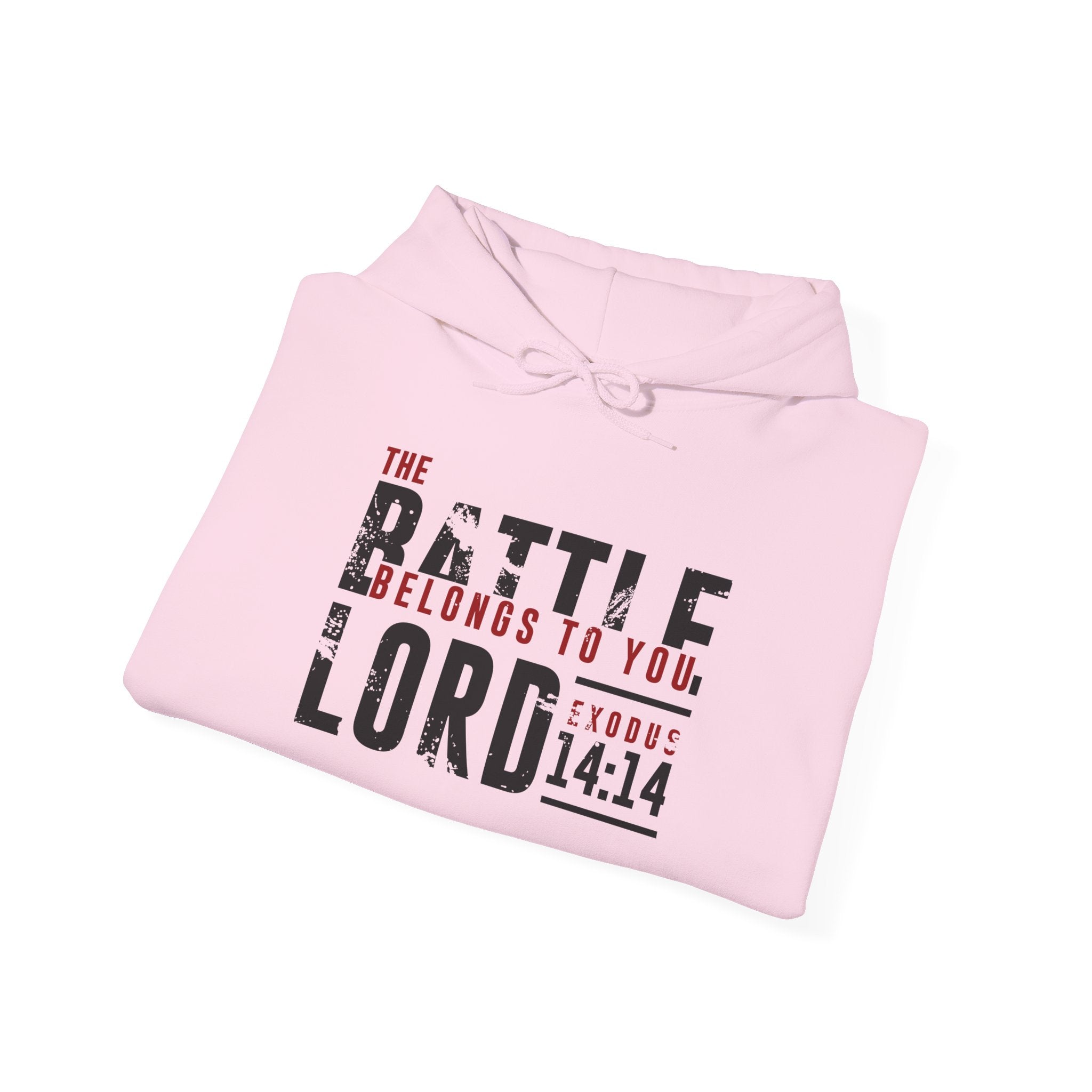 Unisex Heavy Blend™ Hoodie featuring "The Battle Belongs to the Lord" design, black fabric, and front pouch pocket.