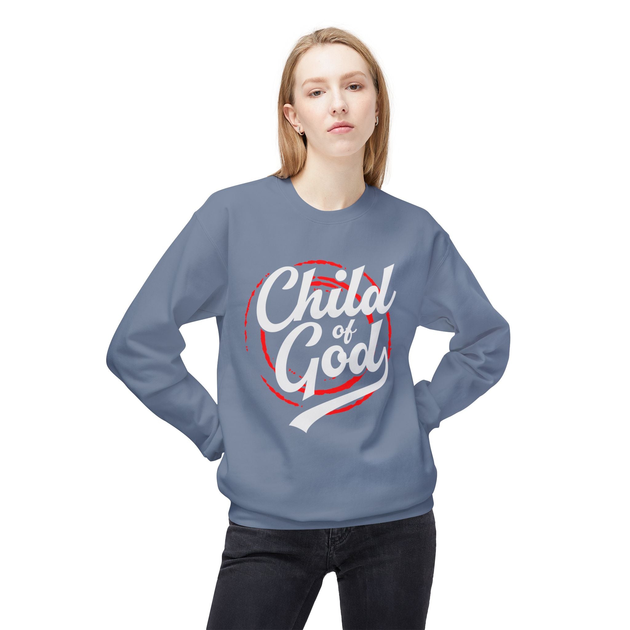 Unisex midweight softstyle fleece crewneck sweatshirt with "Child of God" design, casual fit, in grey color.