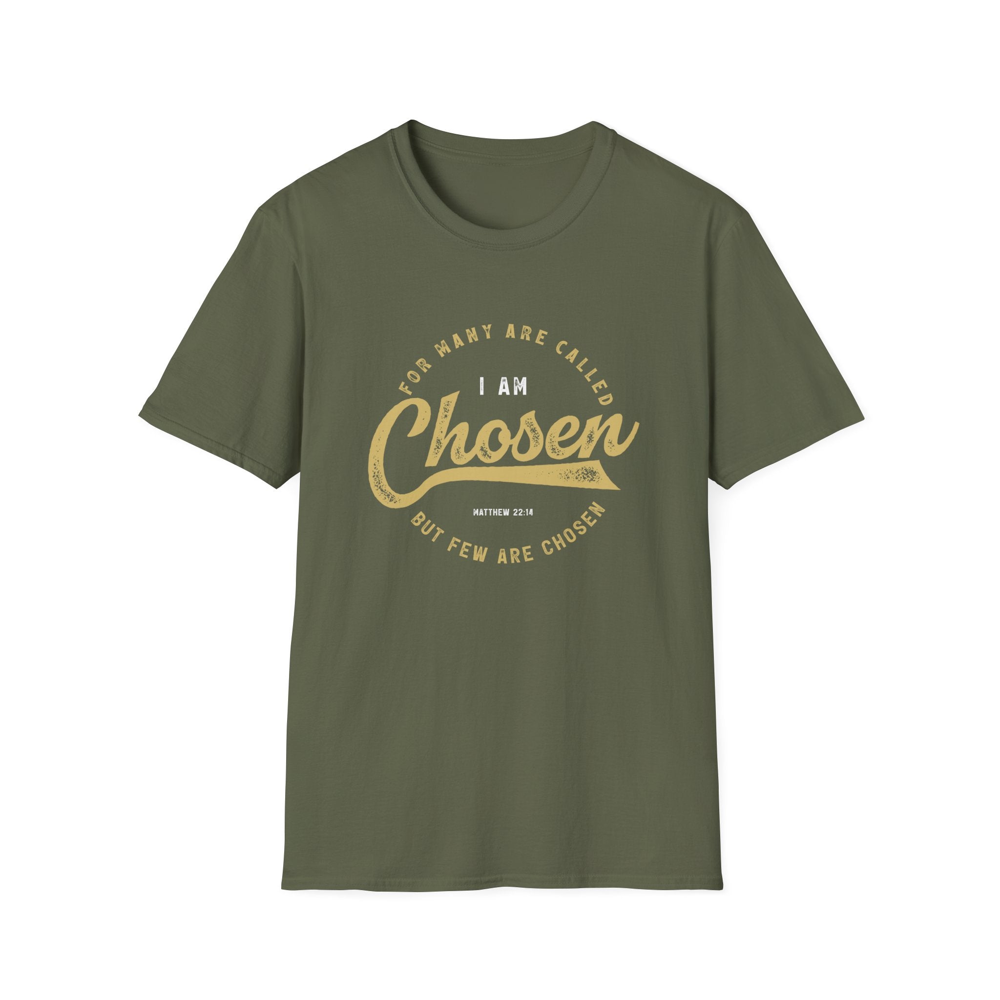 Unisex Printify Softstyle T-Shirt with "I Am Chosen" graphic, lightweight cotton fabric, casual fit, in various colors.