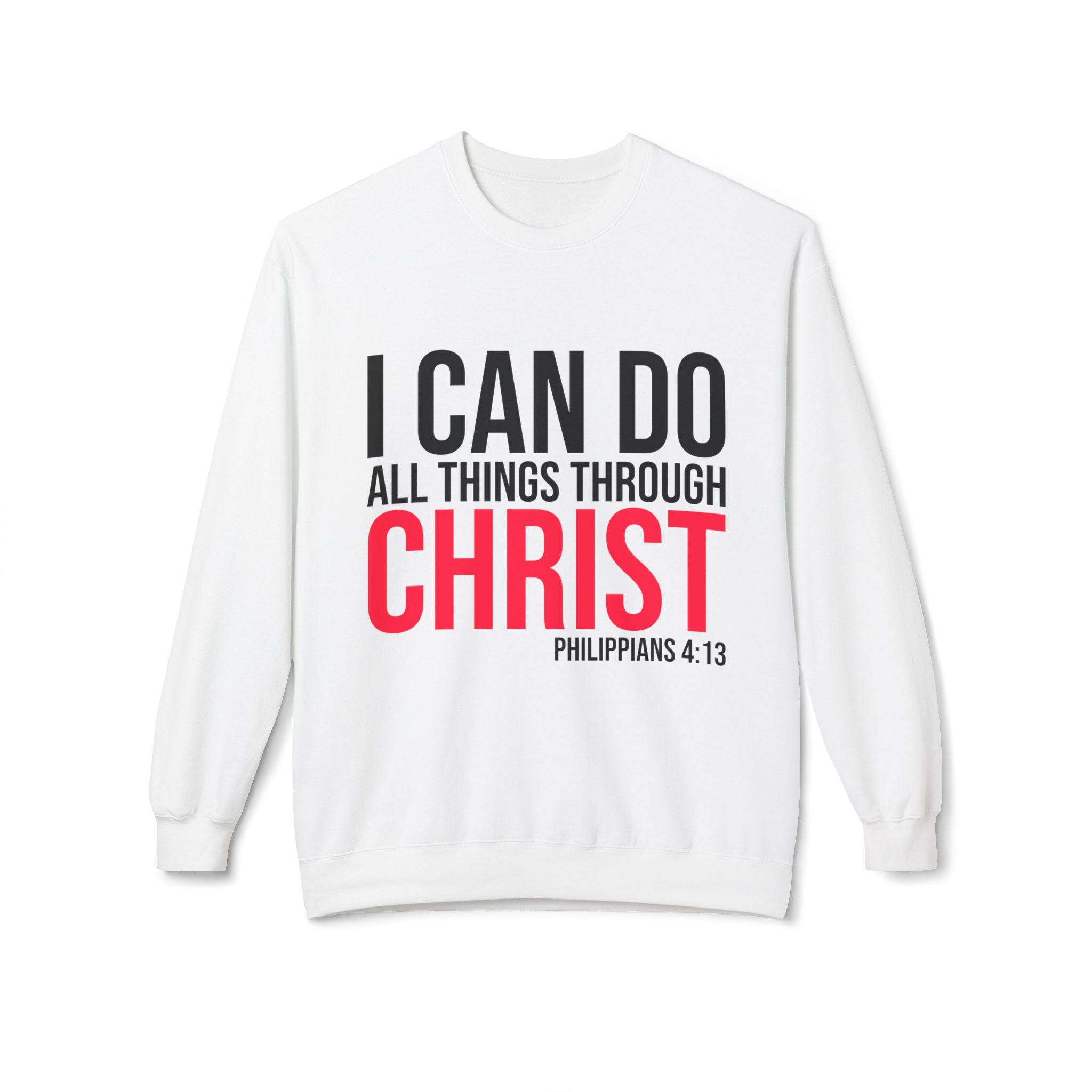 Unisex midweight softstyle fleece crewneck sweatshirt with inspirational "I Can Do All Things Through Christ" print, by Printify