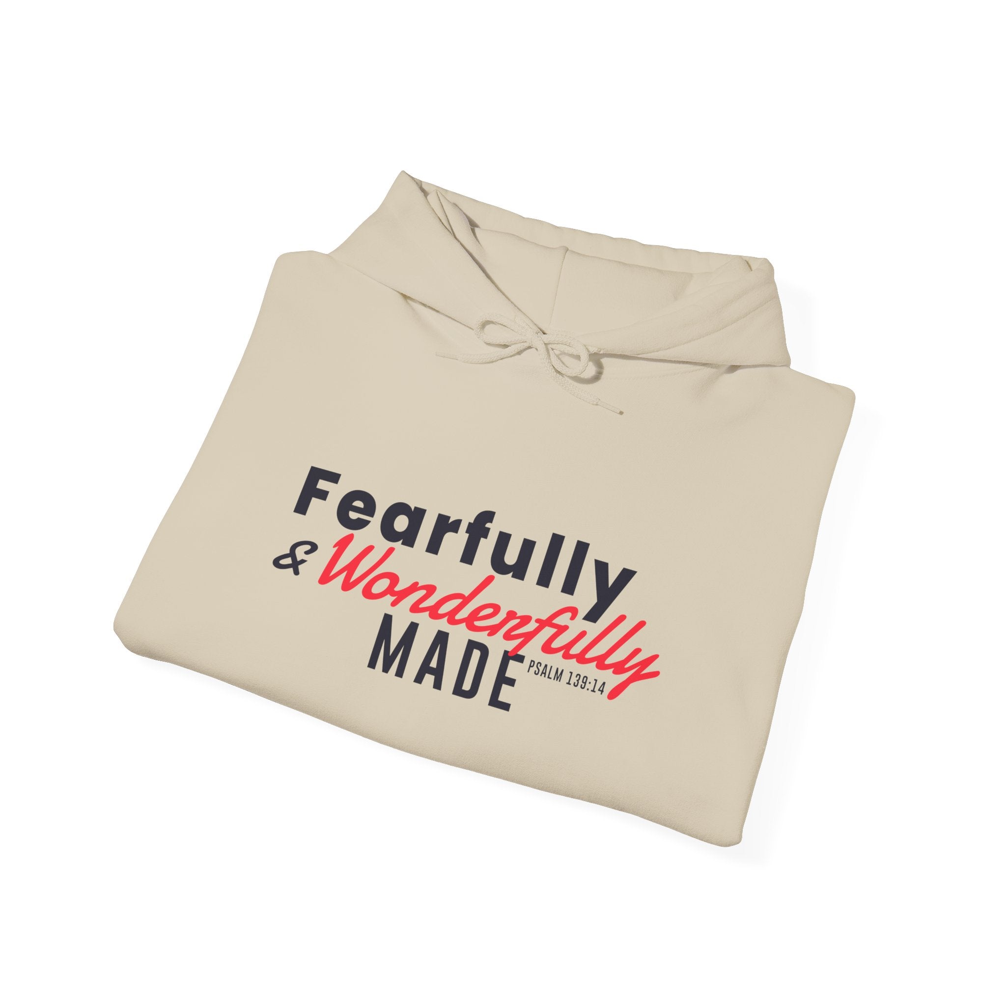 Unisex Heavy Blend hoodie featuring "Fearfully and Wonderfully Made" text, in black with a front pocket and drawstring hood.