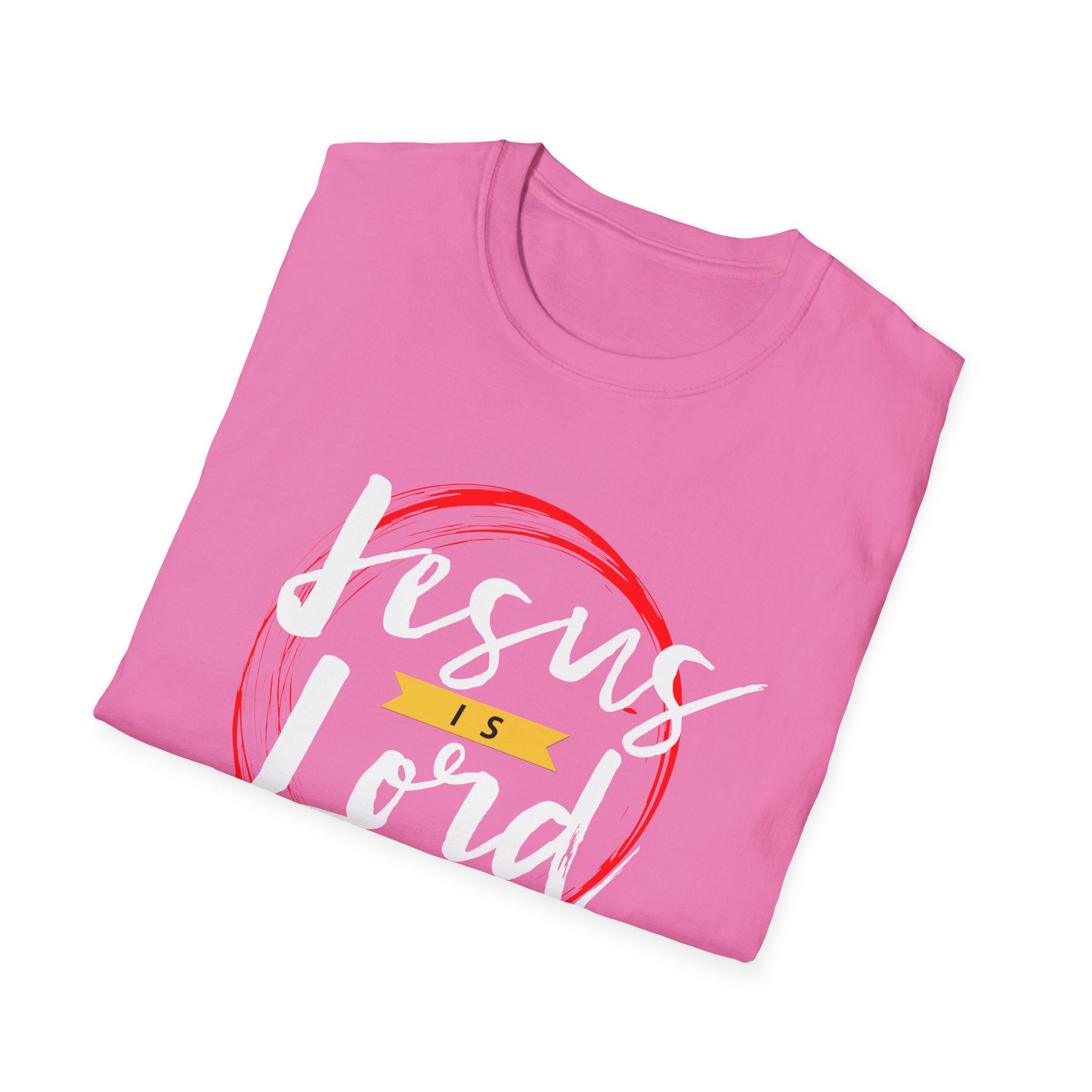 Unisex softstyle T-shirt with "Jesus is Lord" print, featuring a comfortable fit and casual style, by Printify.