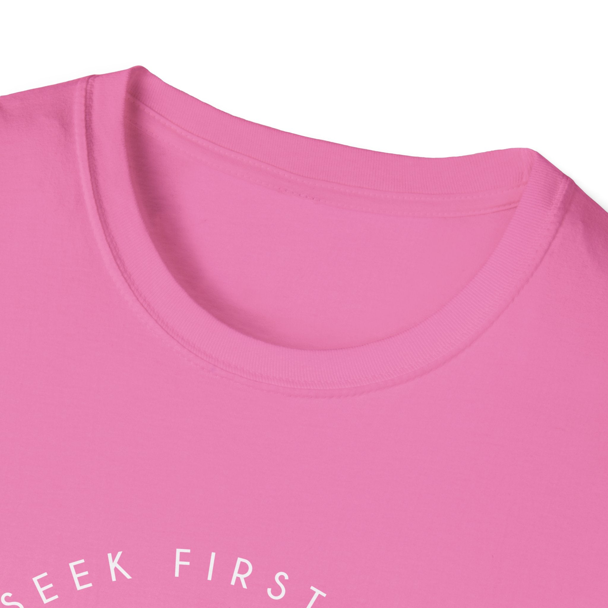 Unisex softstyle T-shirt with "Seek First the Kingdom of God" printed in black text on a white fabric.