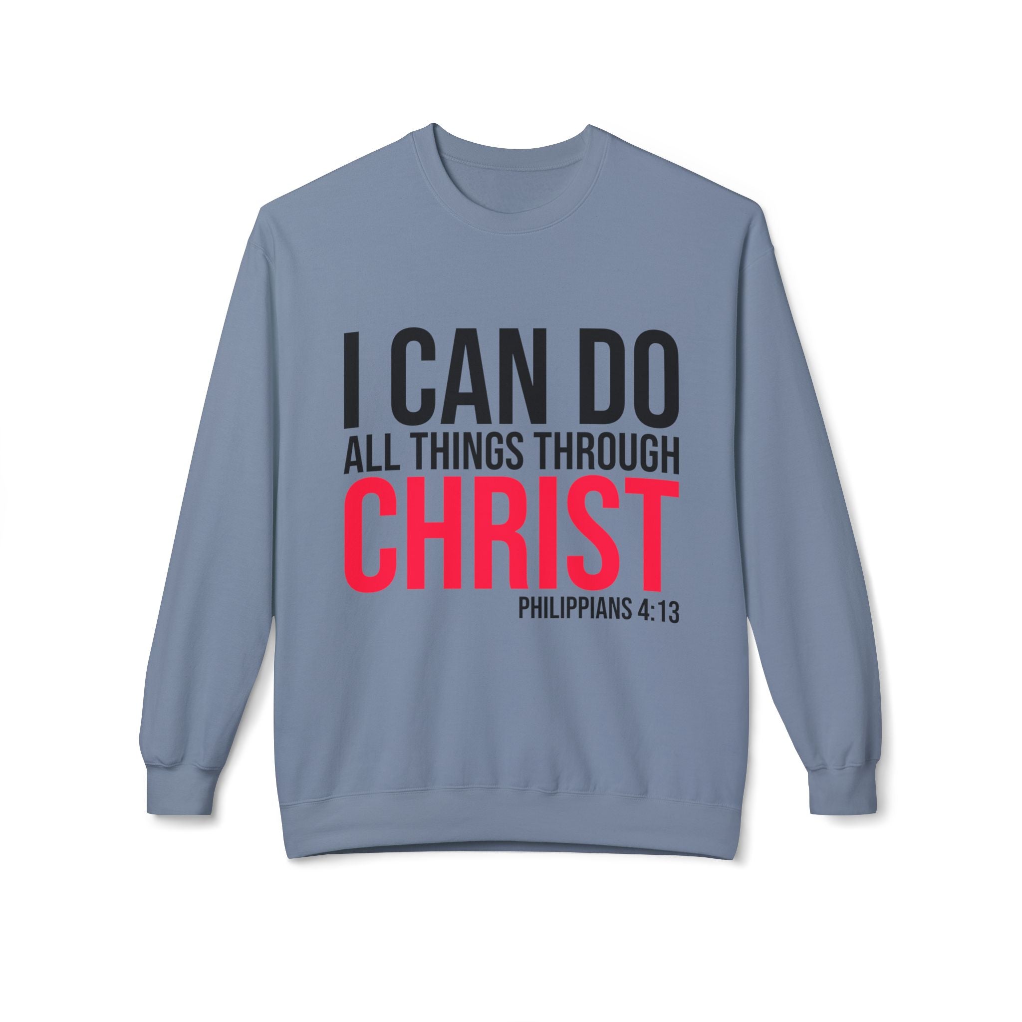 Unisex midweight softstyle fleece crewneck sweatshirt with inspirational "I Can Do All Things Through Christ" print, branded by Printify.