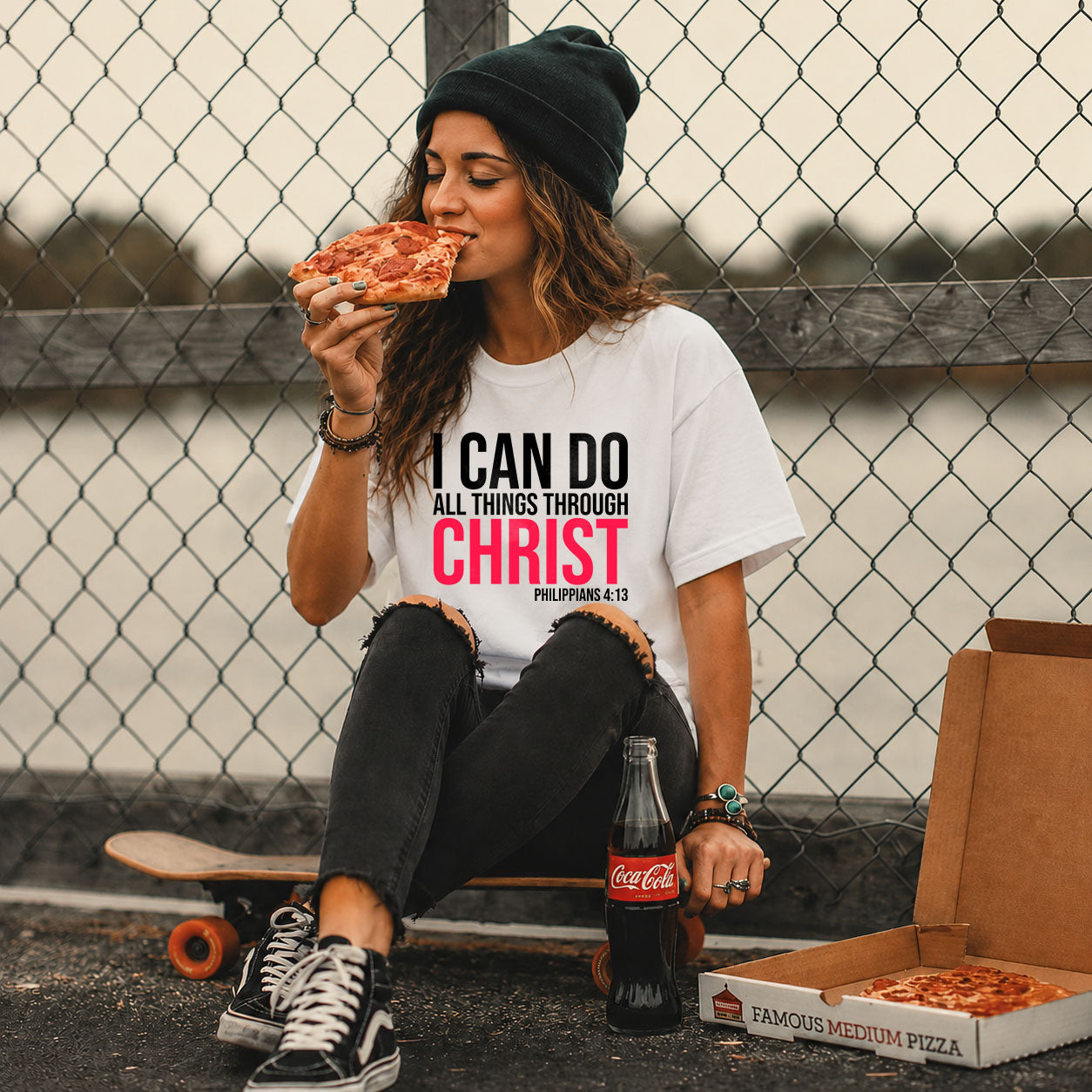 Unisex softstyle T-shirt with Christian message "I Can Do All Things Through Christ" by Printify, displayed on a plain background.