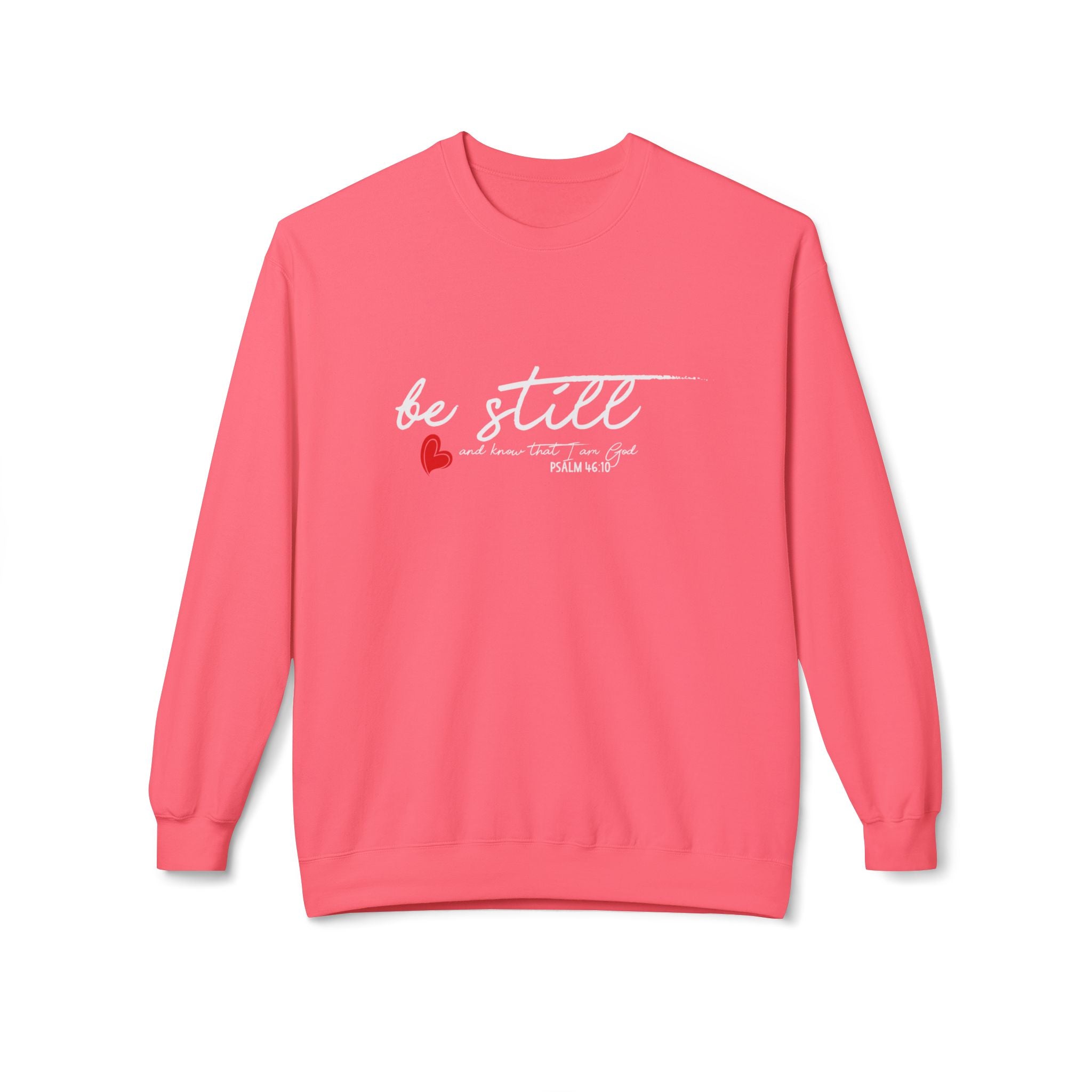 Unisex midweight softstyle fleece crewneck sweatshirt with "Be Still" print in black, comfortable casual wear by Printify.
