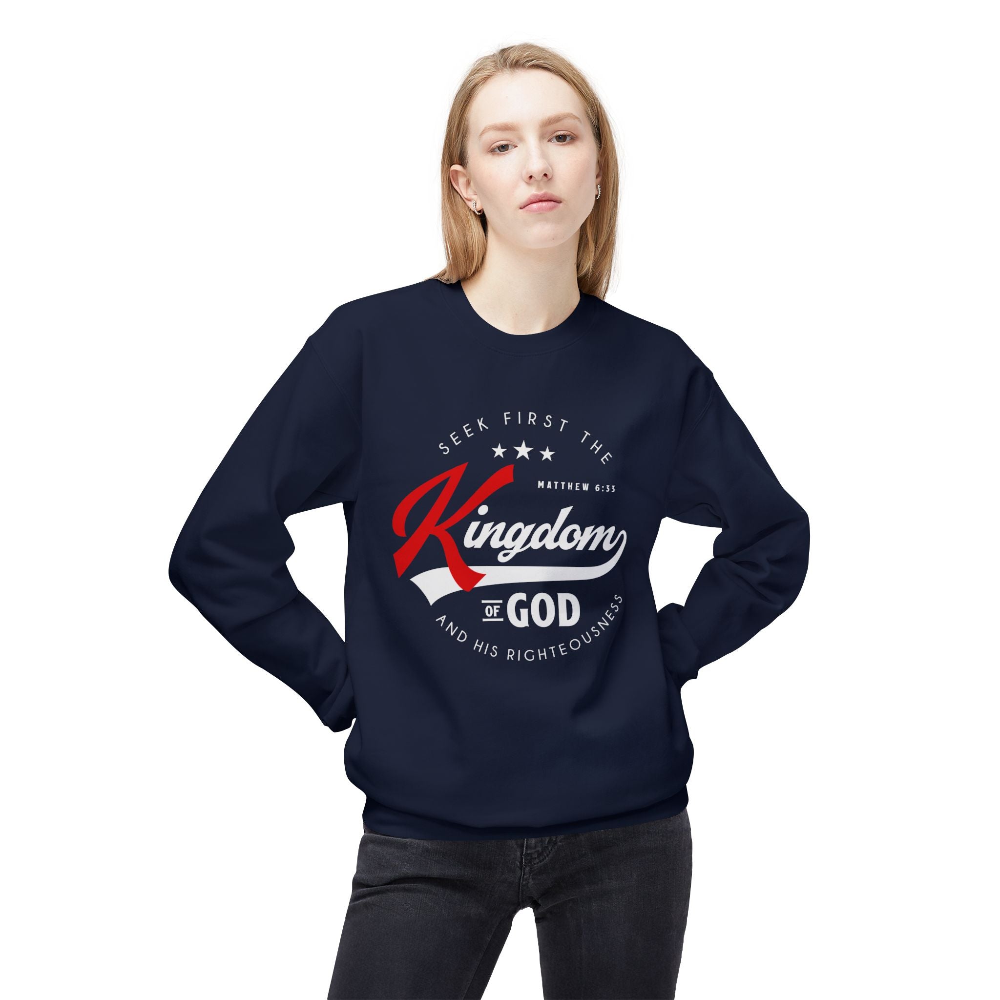 Unisex midweight softstyle fleece crewneck sweatshirt with "Seek First the Kingdom of God" text, by Printify.