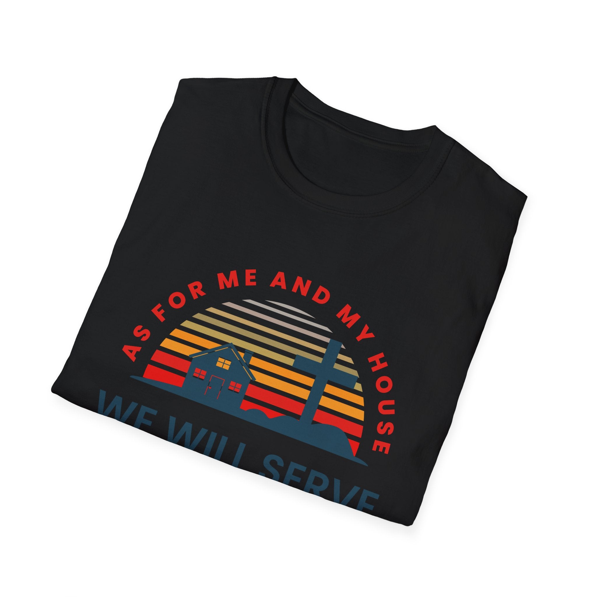 Unisex softstyle T-shirt with "As for Me and My House We Will Serve the Lord" printed design, made by Printify.