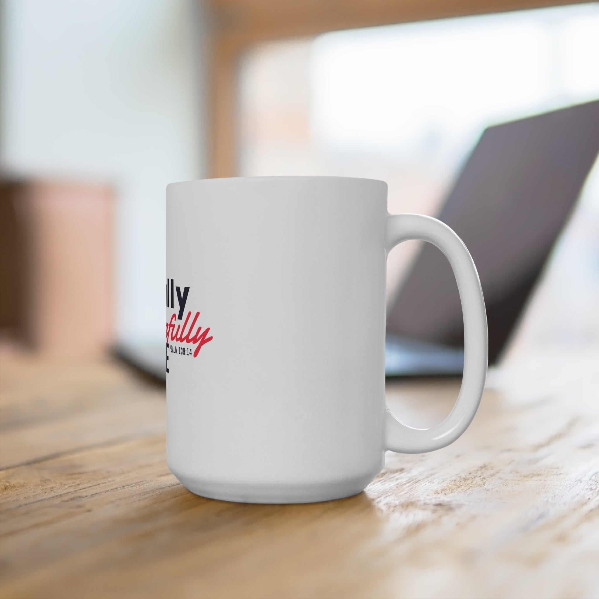 White 15oz mug with "Fearfully and Wonderfully Made" text, featuring a clean ceramic design from Printify.