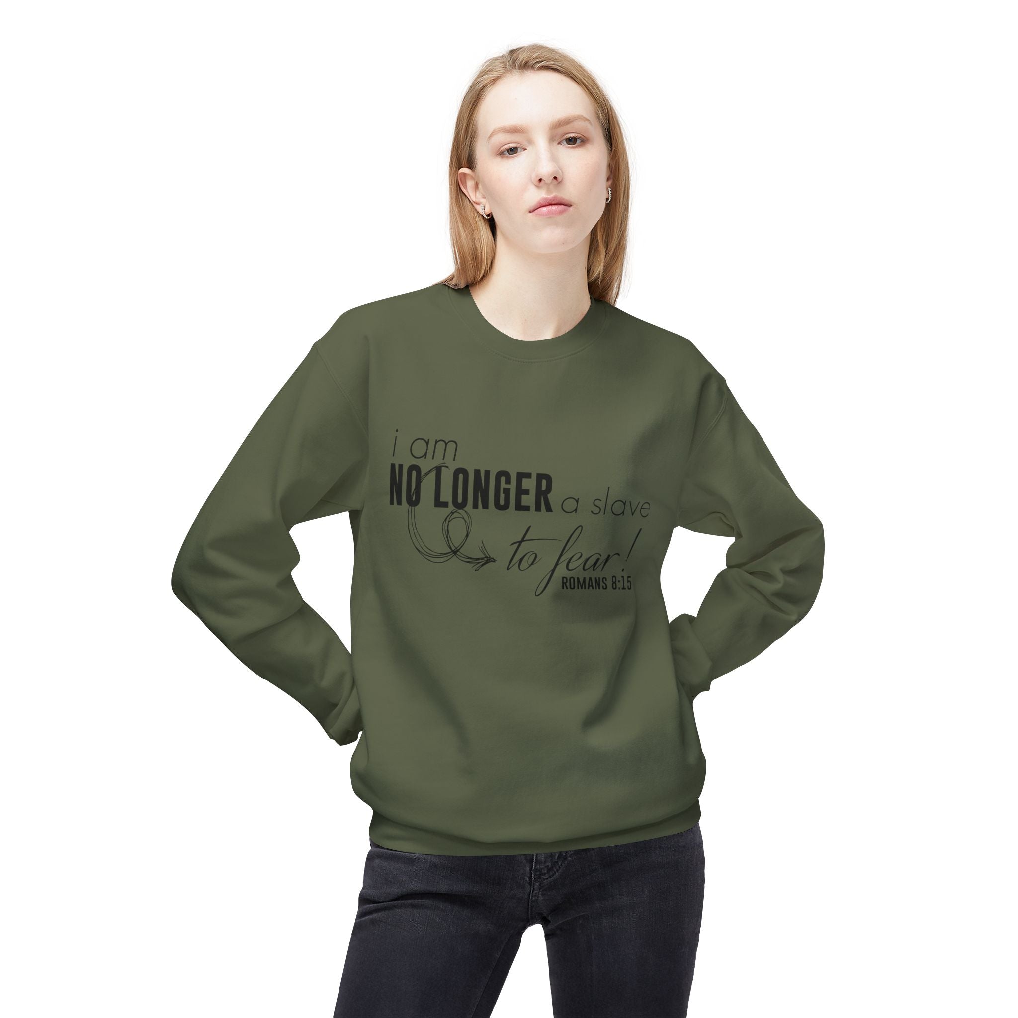 Unisex midweight softstyle fleece crewneck sweatshirt with "I am No Longer A Slave to Fear" text, printed by Printify.