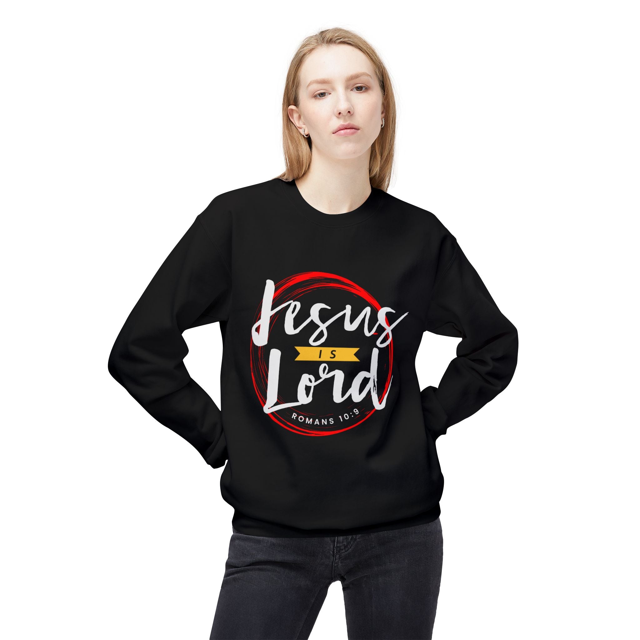Unisex midweight softstyle fleece crewneck sweatshirt with "Jesus is Lord" printed in black text on the front.