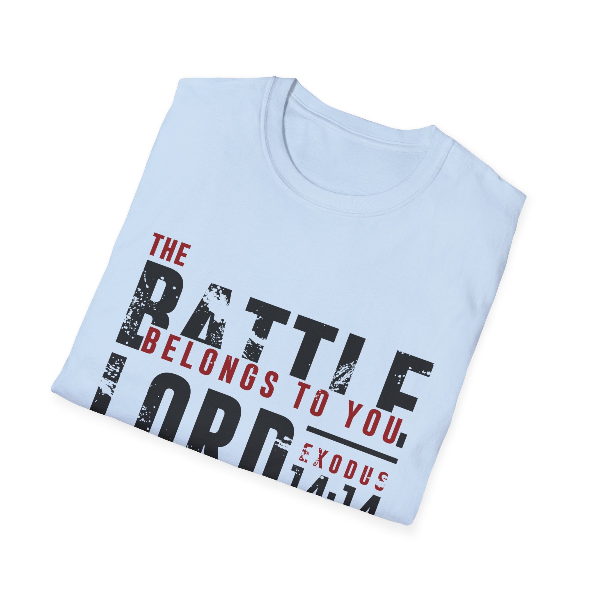 Unisex Softstyle T-Shirt by Printify featuring religious text "The Battle Belongs to the Lord" printed on front.