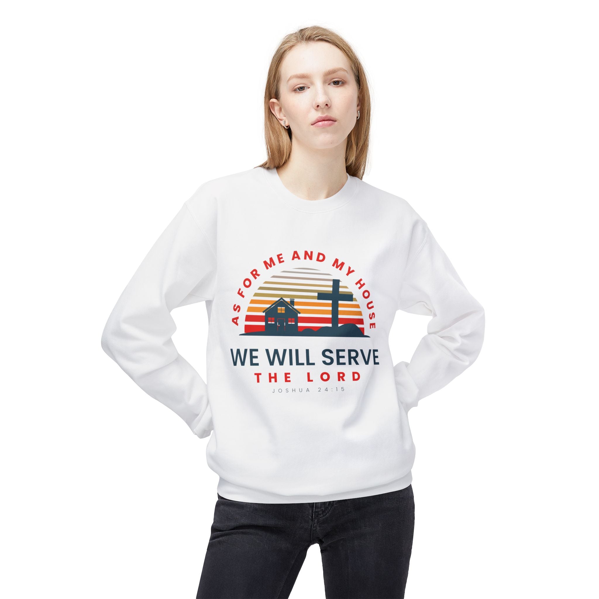 Unisex midweight softstyle fleece crewneck sweatshirt with inspirational "As for Me and My House We Will Serve the Lord" print.