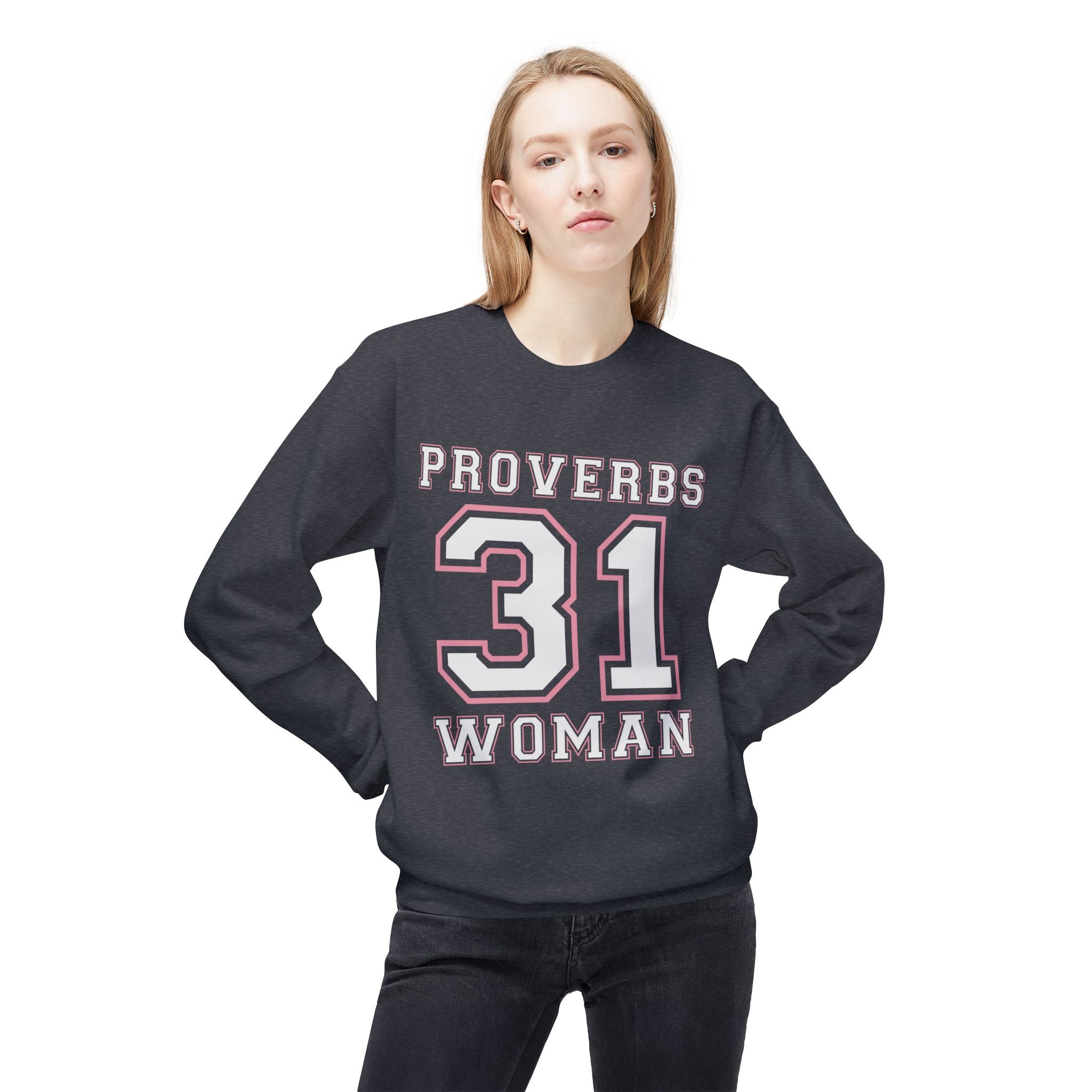 Unisex midweight softstyle fleece crewneck sweatshirt with Proverbs 31 Woman design, comfortable and stylish for everyday wear.