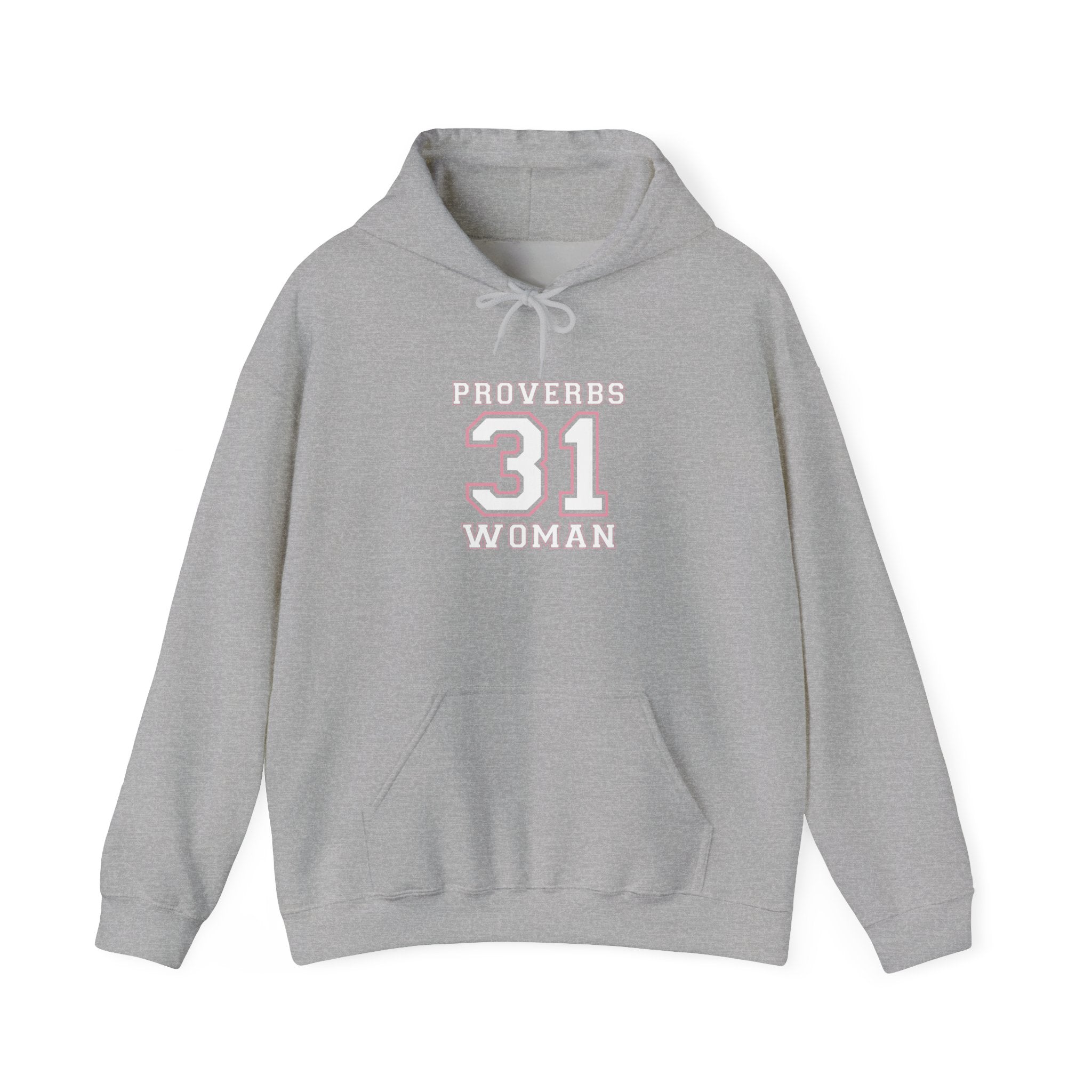 Unisex Heavy Blend hoodie with Proverbs 31 Woman design, featuring a comfortable hood and front pocket in a casual style.