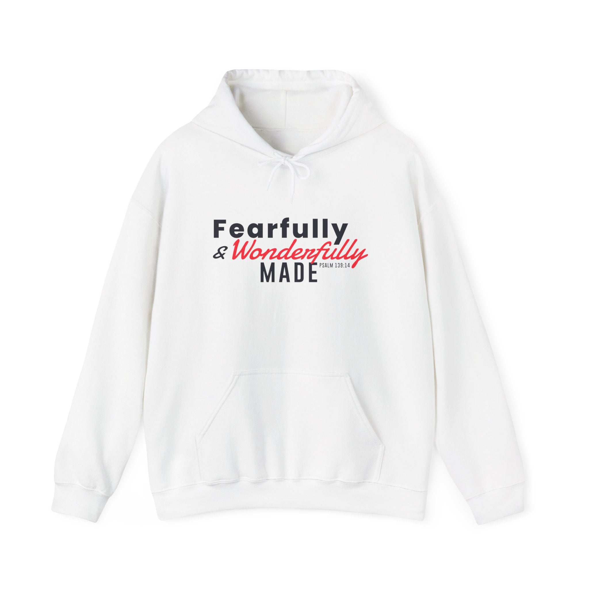 Unisex Heavy Blend hoodie with "Fearfully and Wonderfully Made" print, featuring a hood and casual fit, by Printify.