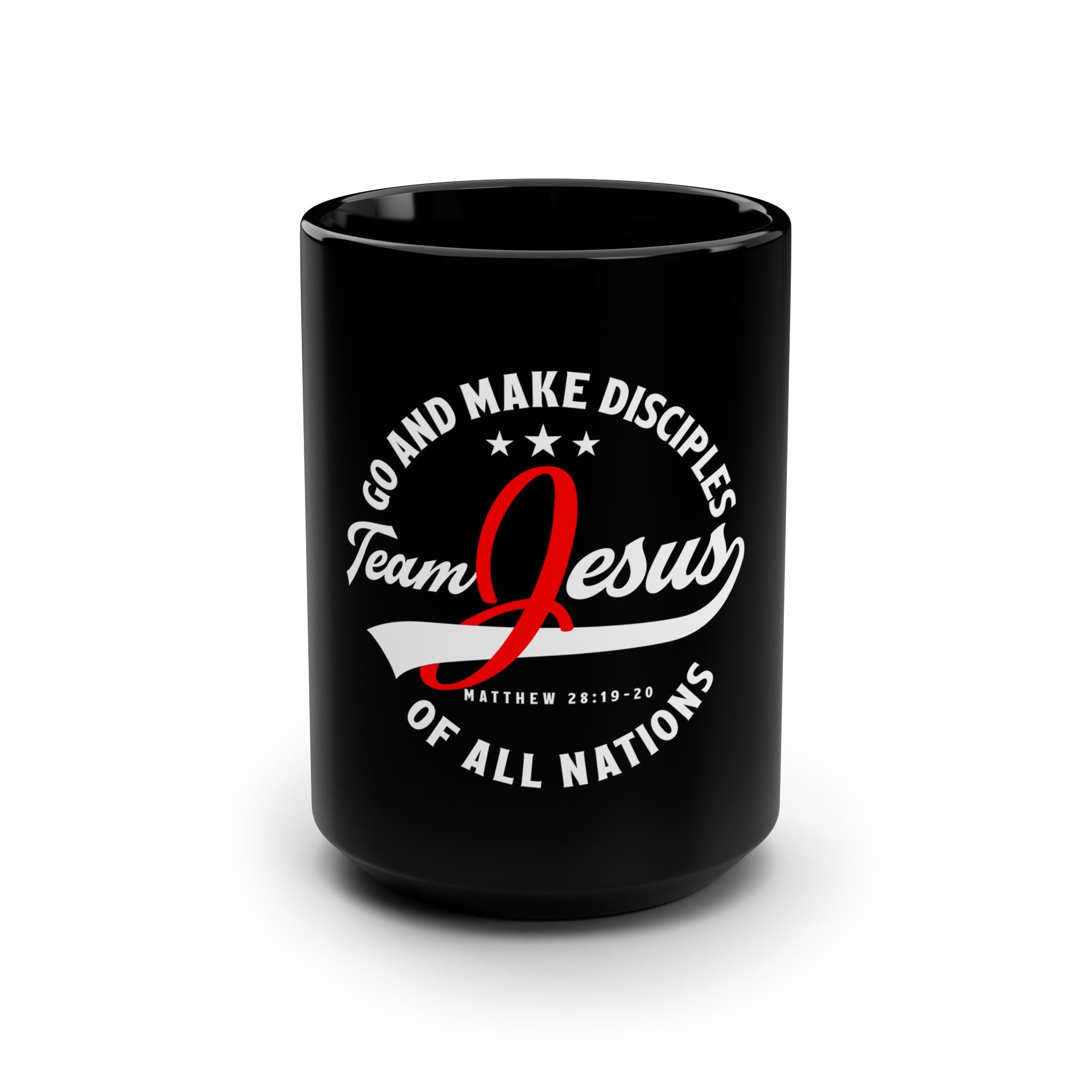 Black 15oz Team Jesus mug with printed design, ceramic coffee mug for daily use, by Printify.