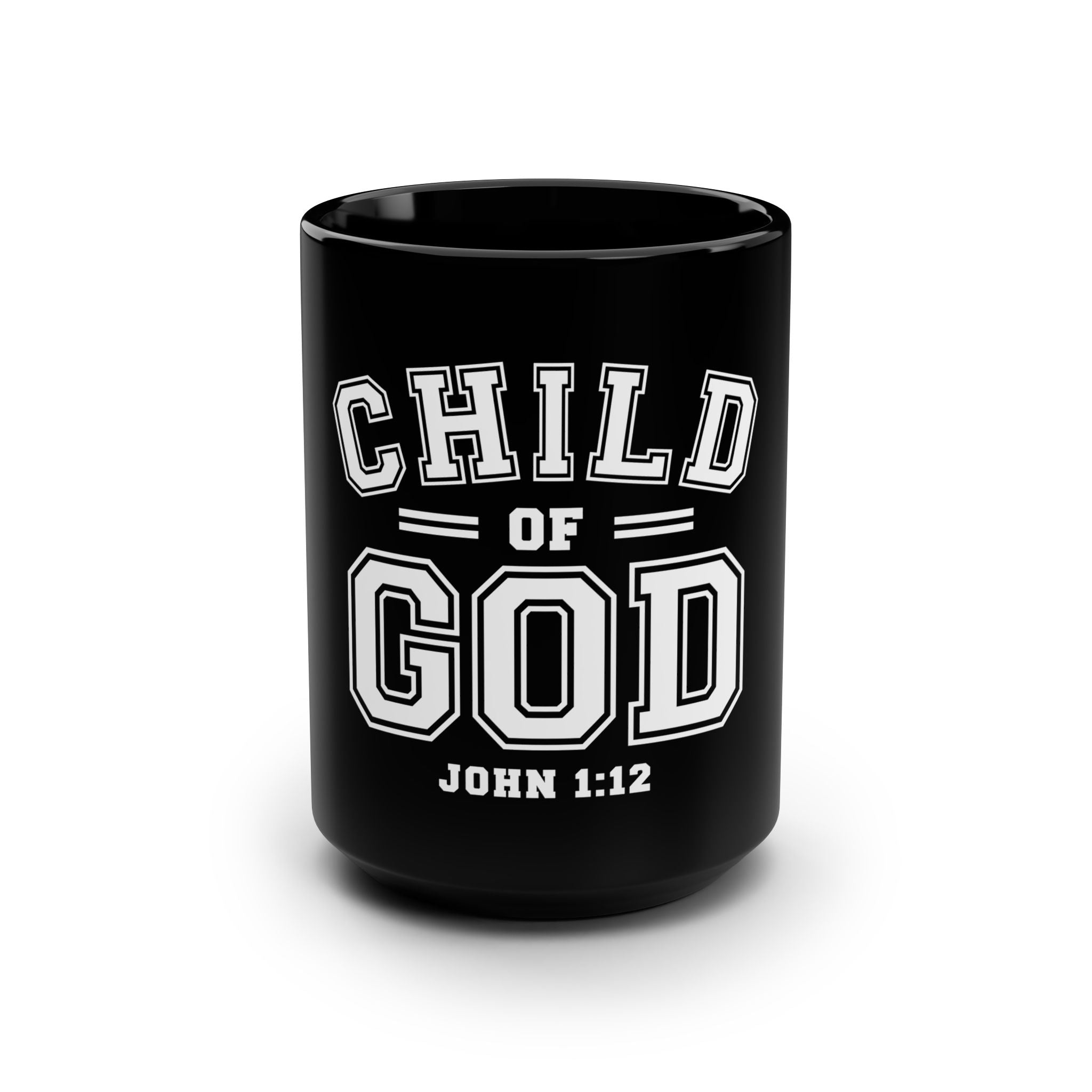 Black 15oz Mug with "Child of God" inscription, ceramic coffee mug from Printify, featuring a smooth finish and sturdy handle.