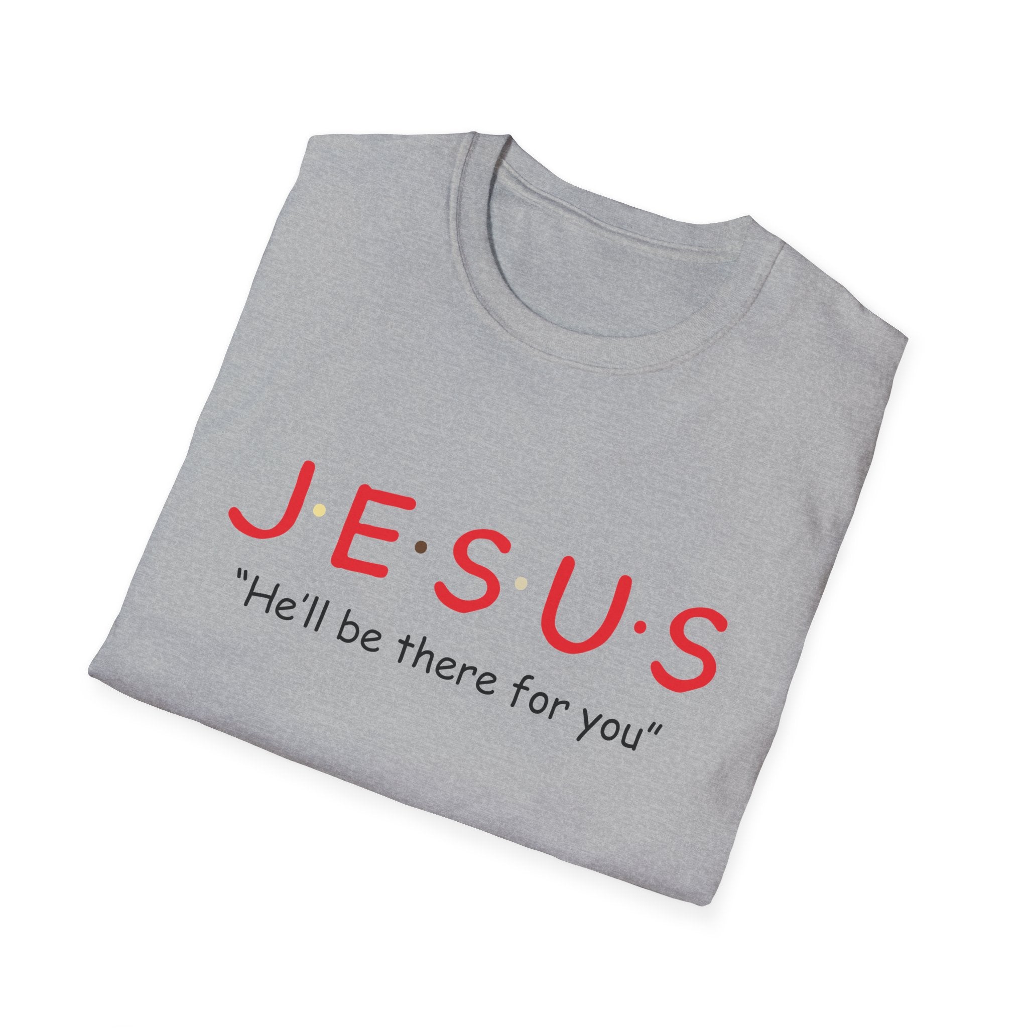 Unisex softstyle Jesus T-shirt by Printify featuring a graphic print of Jesus with a supportive message.