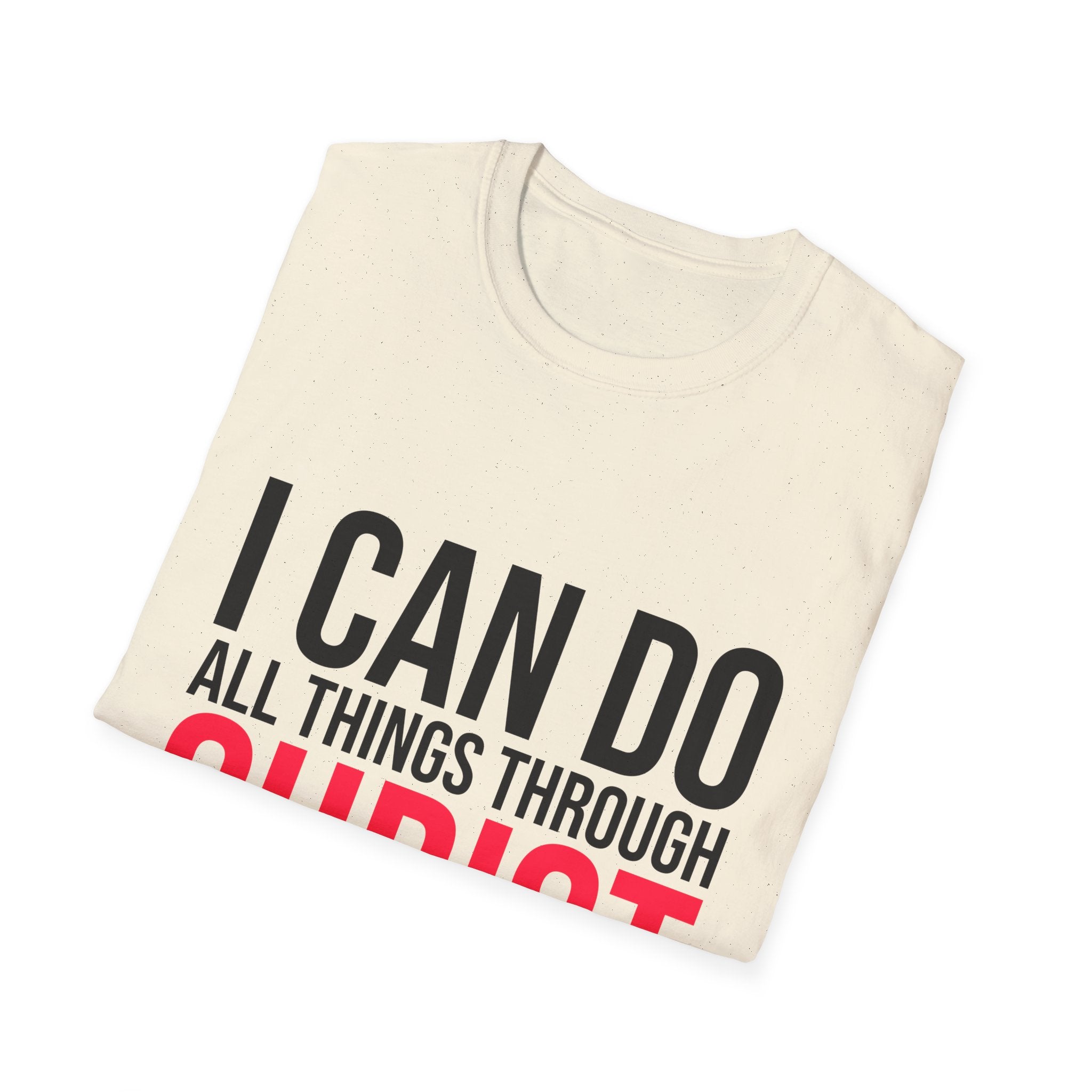 Unisex softstyle T-shirt with Christian message "I Can Do All Things Through Christ" printed on front, by Printify.