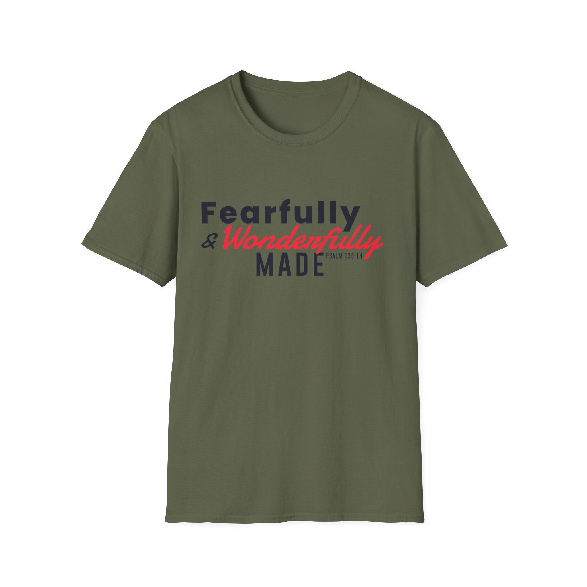 Unisex softstyle T-shirt featuring the "Fearfully and Wonderfully Made" design, with a comfortable fit and casual style.