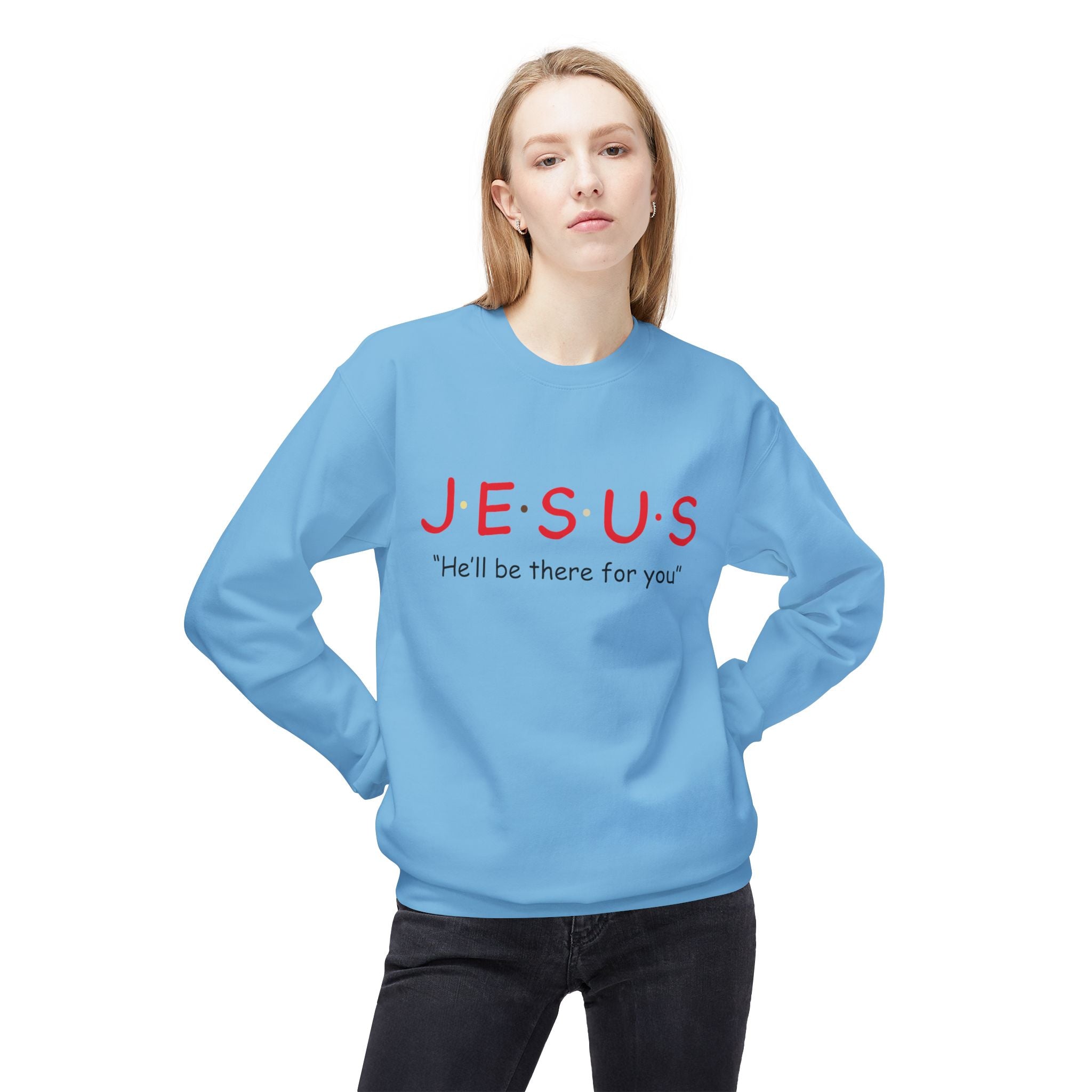Unisex midweight softstyle fleece crewneck sweatshirt with Jesus He'll Be There For You design, in navy blue with white print.