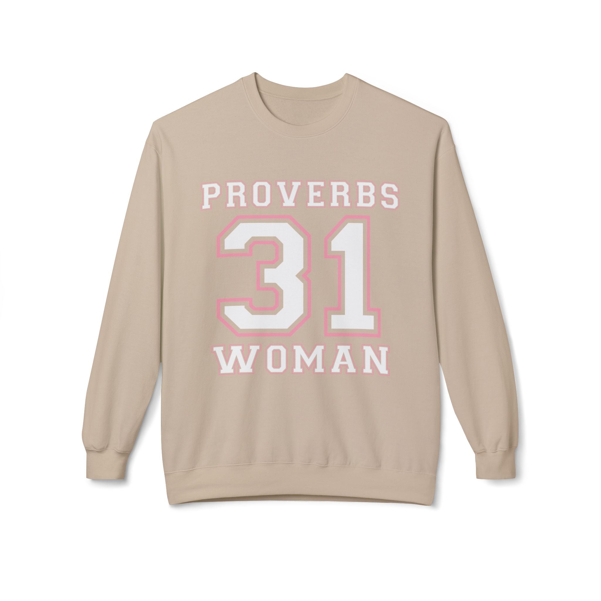 Unisex midweight softstyle fleece crewneck sweatshirt with Proverbs 31 Woman design, in gray with printed text and comfortable fit.
