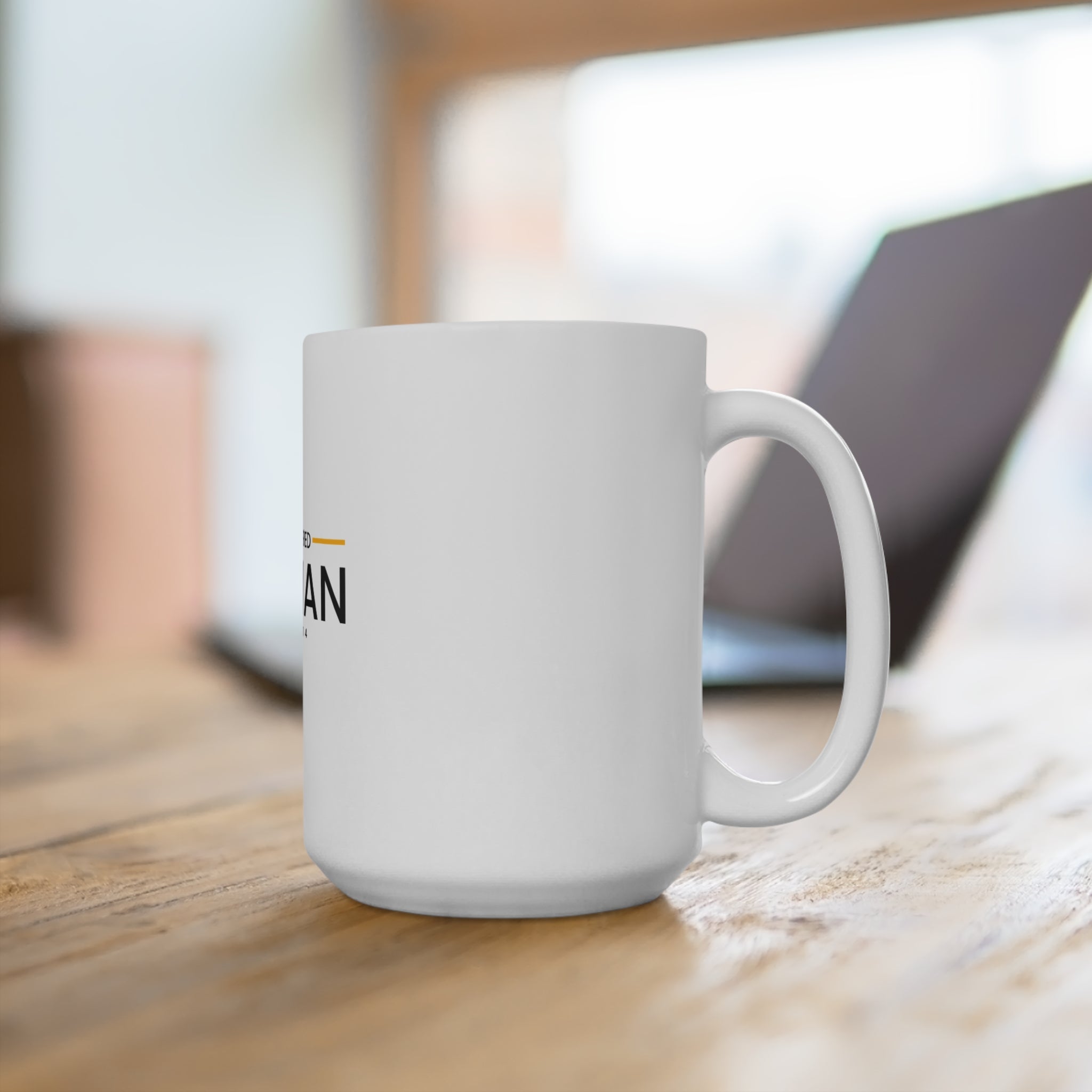 15oz Printify ceramic mug with a white exterior and colorful printed design on a smooth surface.