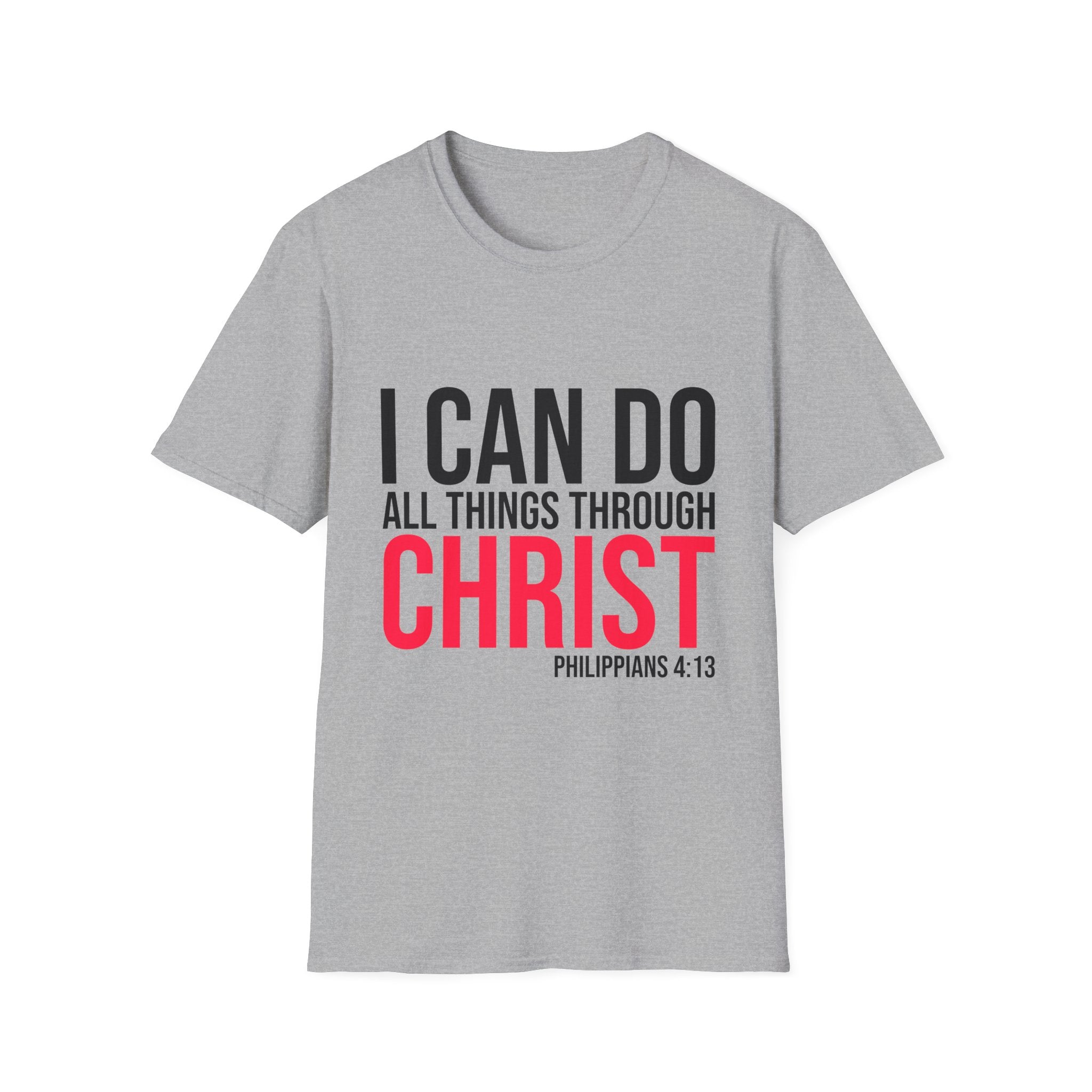 Unisex softstyle T-shirt with Christian quote "I Can Do All Things Through Christ" printed in black on white fabric.