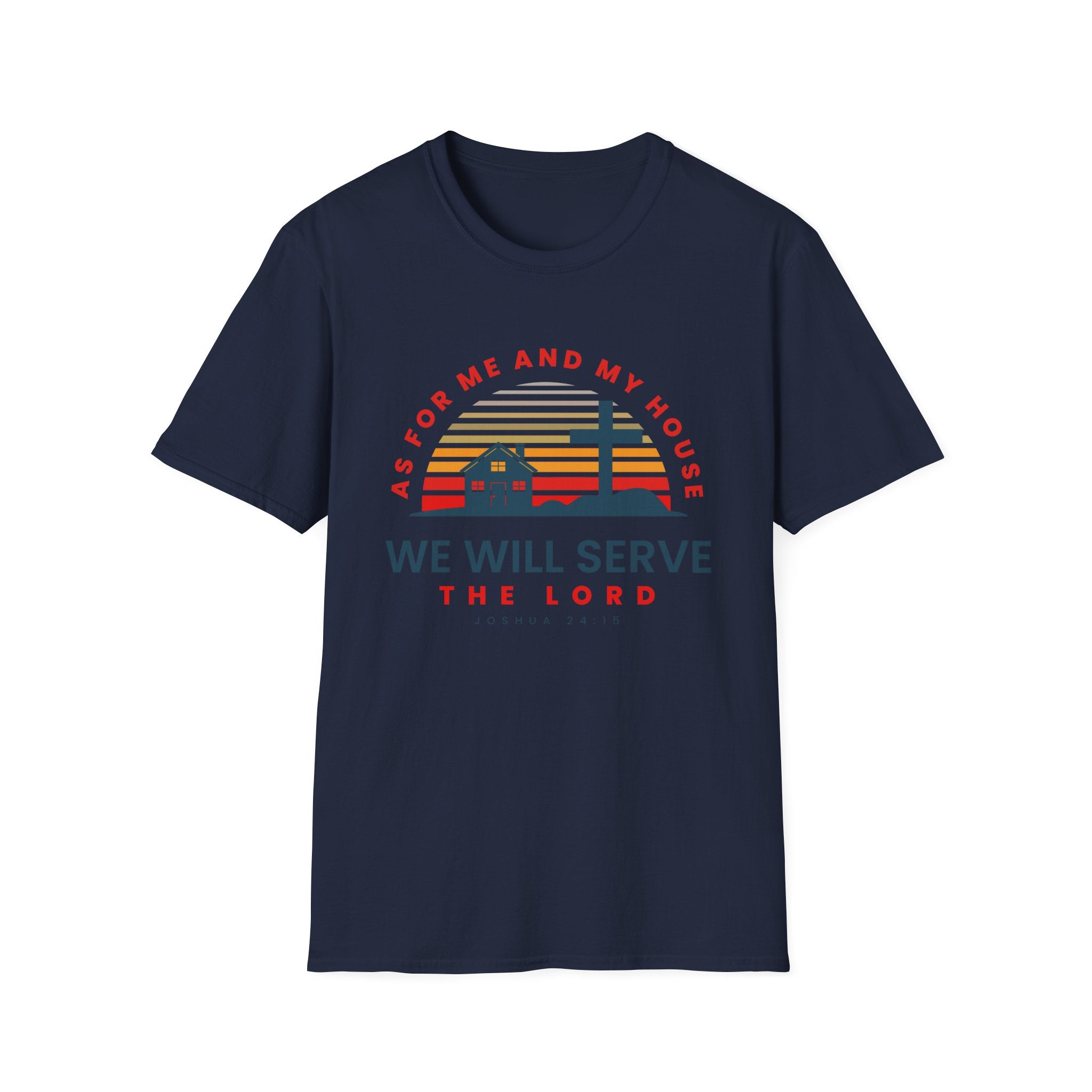Unisex softstyle T-shirt with Bible verse "As for Me and My House We Will Serve the Lord" printed on front, by Printify.