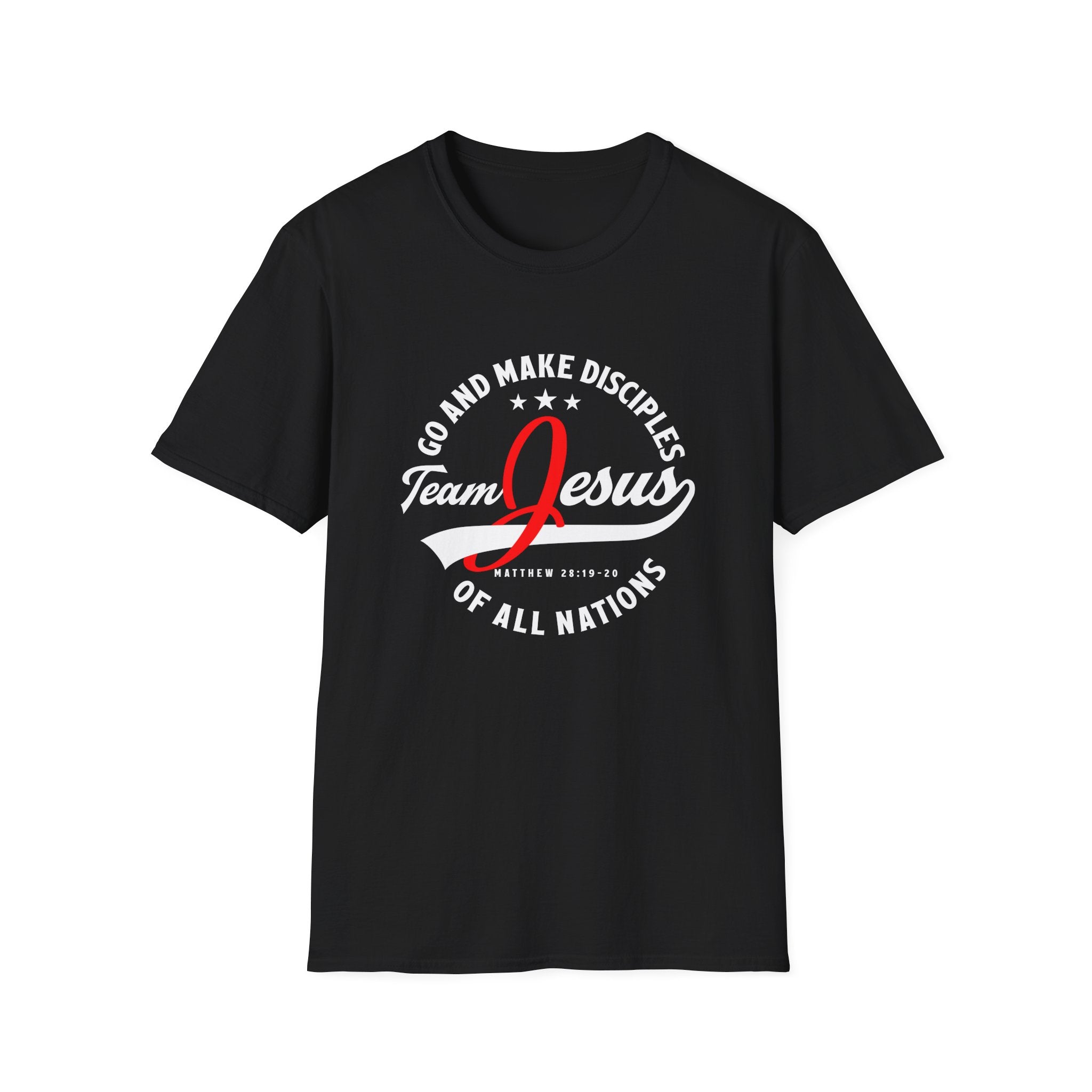 Unisex Softstyle T-Shirt with "Team Jesus" print, casual cotton shirt by Printify, shown flat with front view.