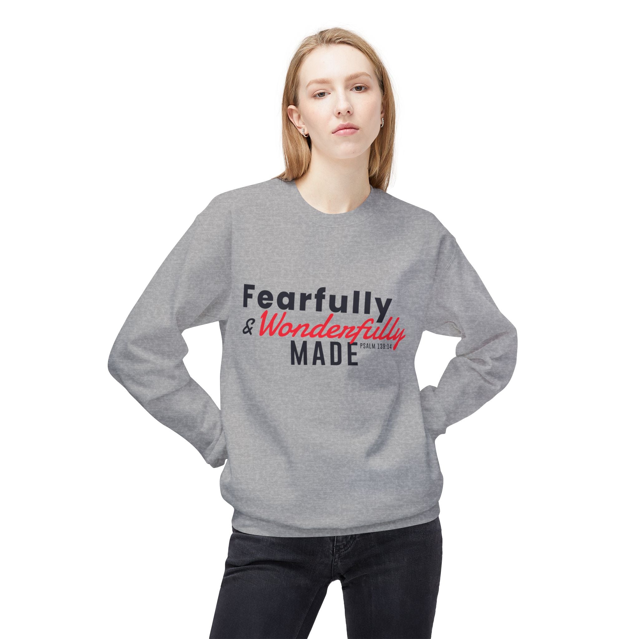 Unisex midweight softstyle fleece crewneck sweatshirt with "Fearfully and Wonderfully Made" print, made by Printify.