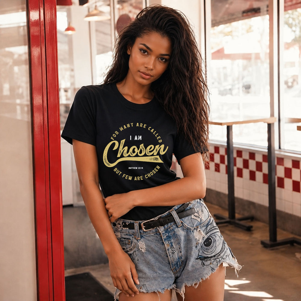 Unisex Softstyle T-Shirt by Printify featuring "I Am Chosen" text, shown in a casual fit with a comfortable fabric look.
