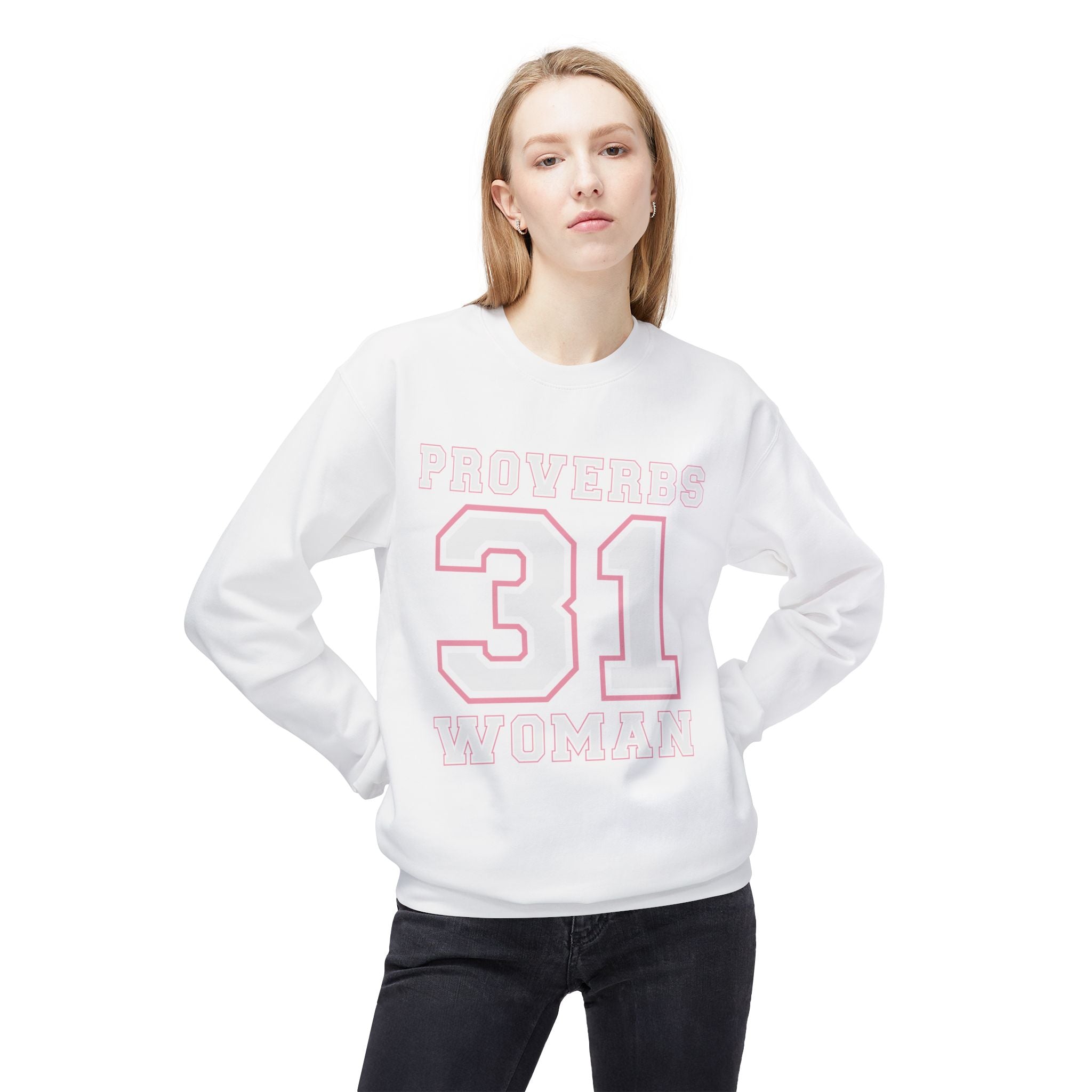Unisex midweight softstyle fleece crewneck sweatshirt with Proverbs 31 Woman design, comfortable casual wear by Printify.