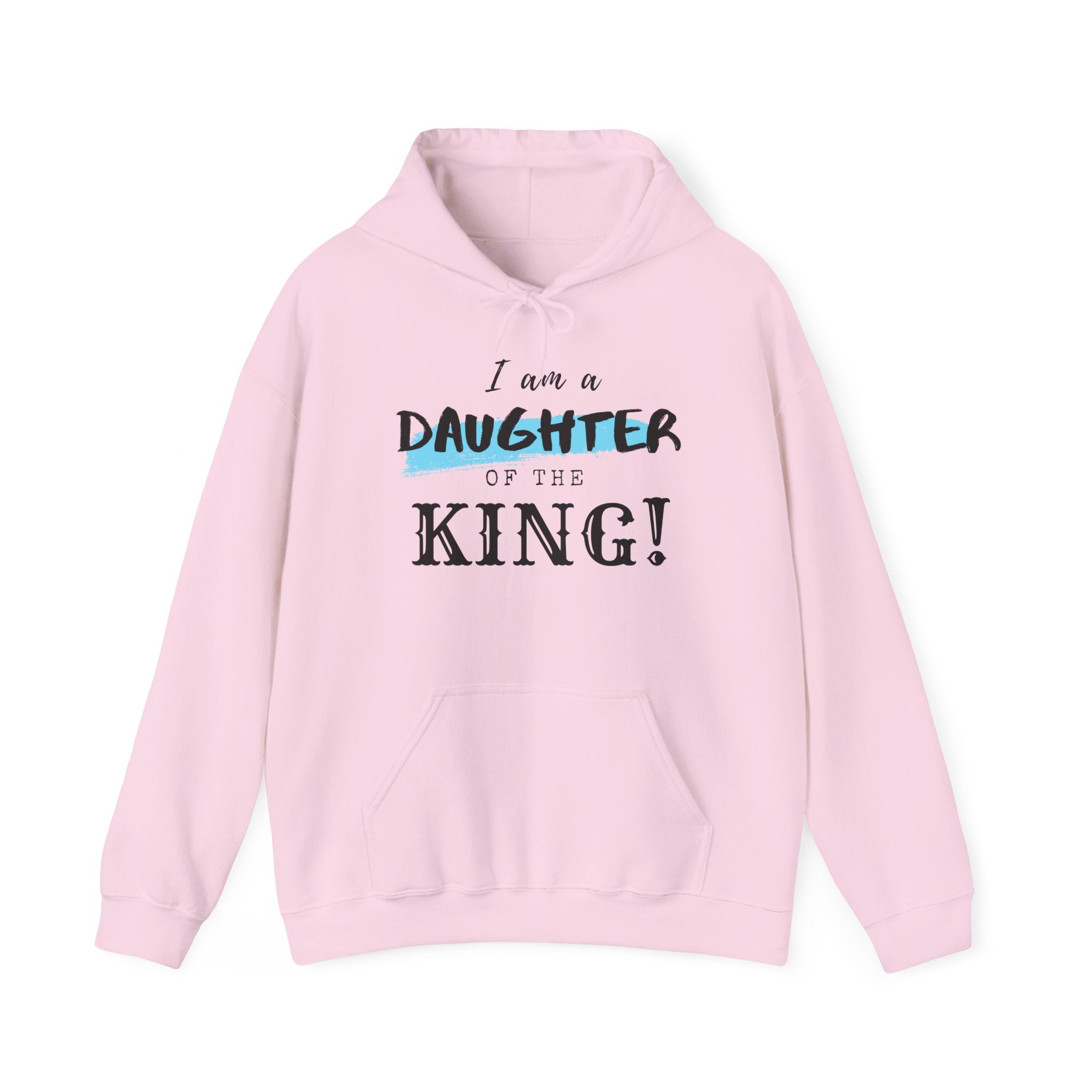 Unisex Heavy Blend hoodie with "I Am a Daughter of the King" print, featuring a hood, front pocket, and comfortable fit.